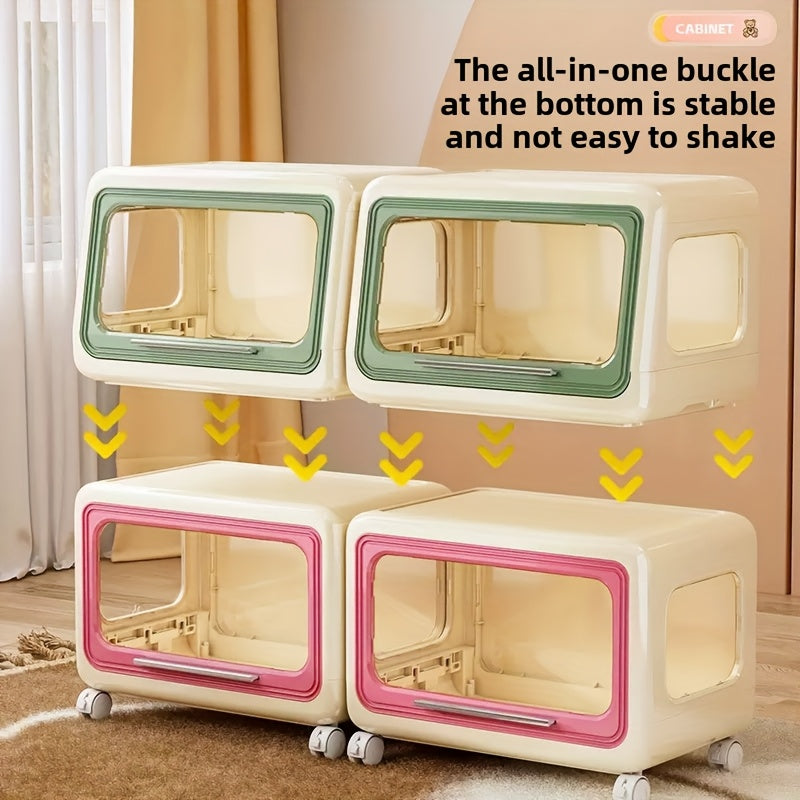 1-Pack Multifunctional Rolling Storage Cabinet with Wheels, Stackable Plastic Organizer with Transparent Doors & Pastel Colors