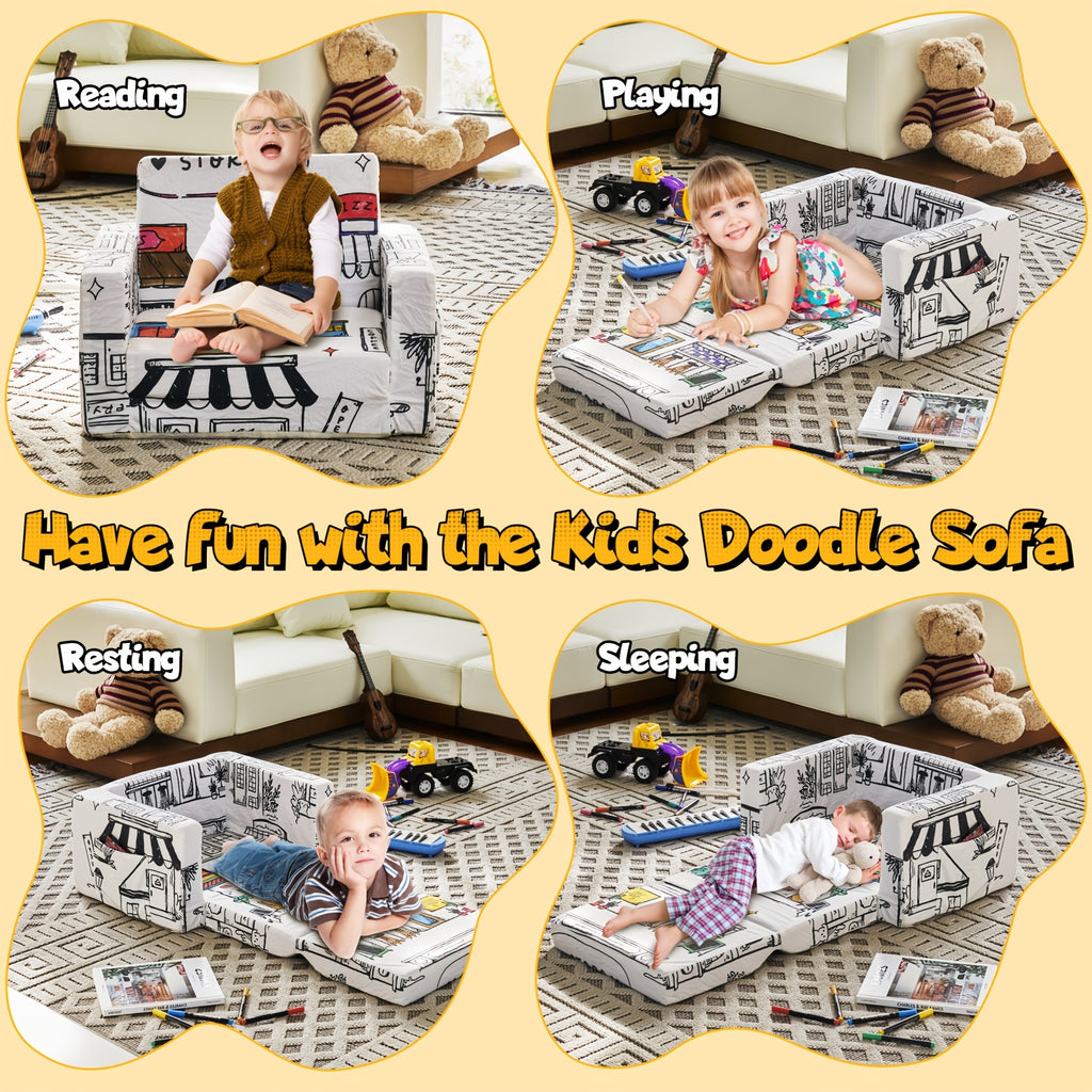 Kids Art Chair with 12 Washable Markers - Foldable Graffiti Furniture for Children, Doodle Creative Chair with Removable Cover