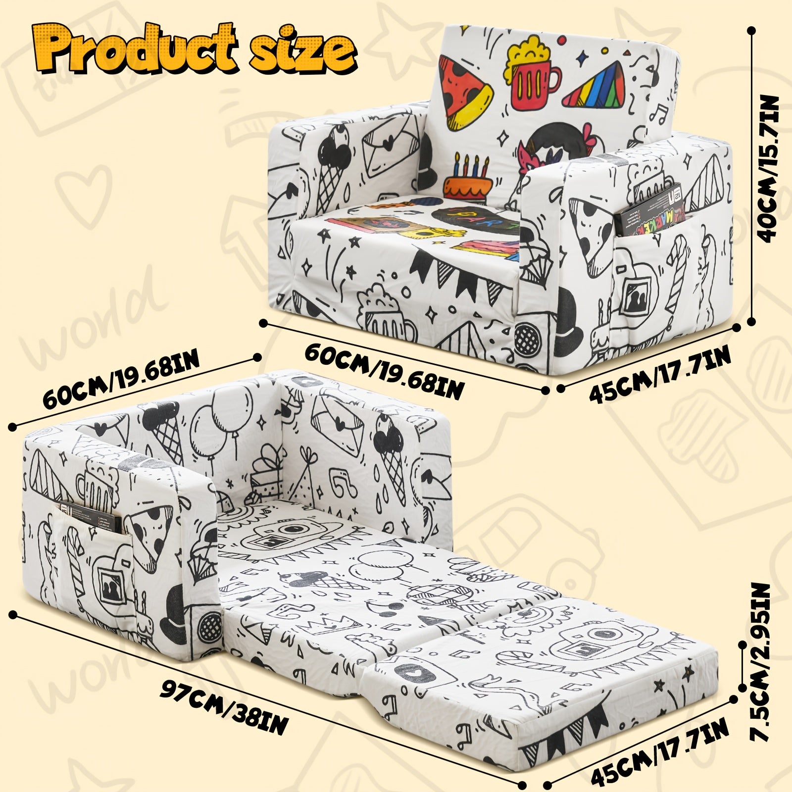 Kids Art Chair with 12 Washable Markers - Foldable Graffiti Furniture for Children, Doodle Creative Chair with Removable Cover