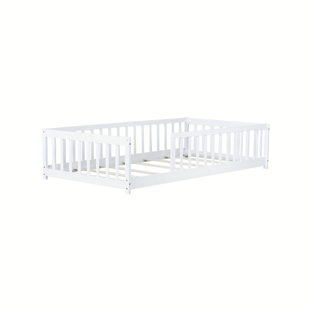 Twin Size Floor Bed with Safety Fence - Low-Profile Bed Frame, White & Wood Tone ( Brown)