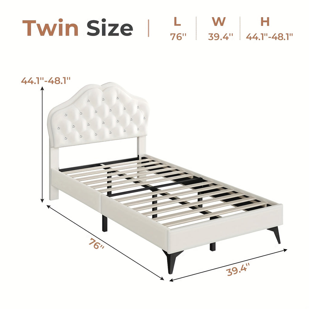 Princess Bed Frame with LED Modern Twin Size Princess Bed Frame with LED Lights Headboard & Crystal Buttons