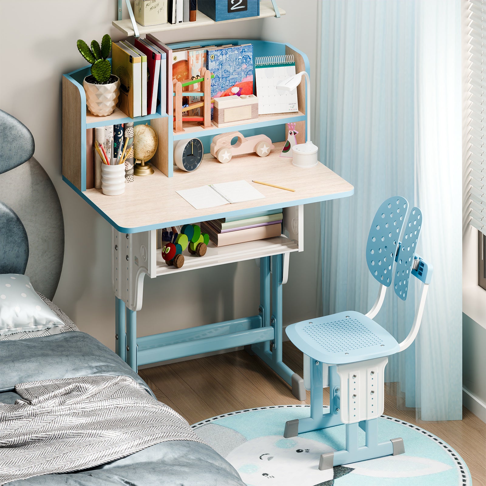 2Pcs\u002FSet Desk Chair Set, Adjustable Height School Leaning Table Chair Set with Drawer Design