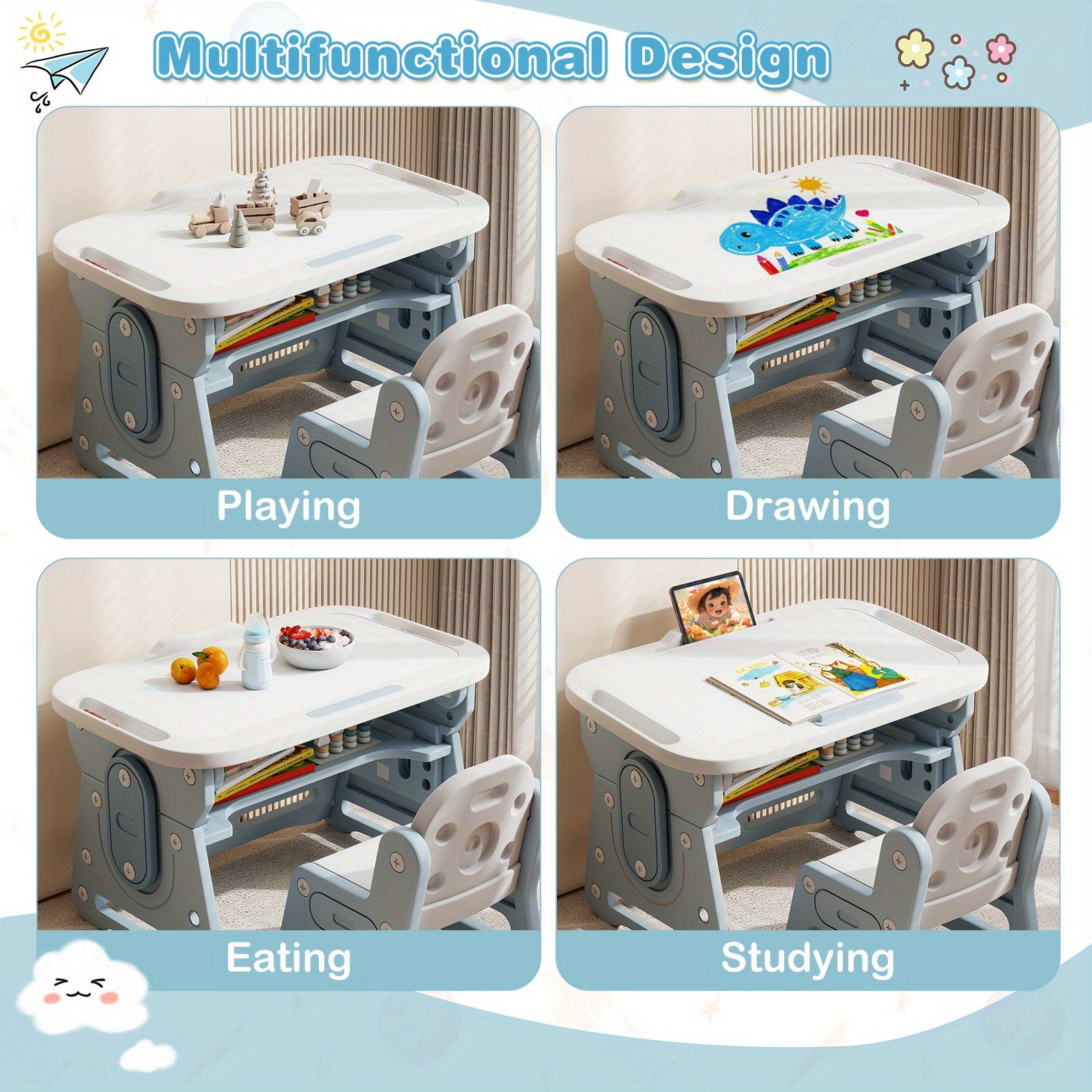 COSTWAY Kids Table and Chair Set with Adjustable Height & Tiltable Whiteboard - Blue Plastic Toddler Learning Table