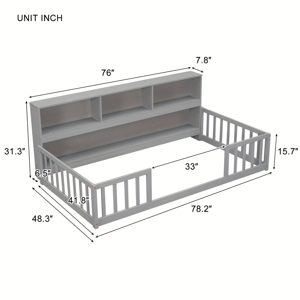 Bellemave Full Size Floor Bed with Bookcase & Shelves - Low-Profile Kids Bed with Safety Guardrails