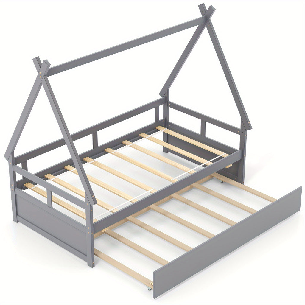 Charming Twin House Bed with Trundle - Sturdy Wooden Frame, Safety Guardrail & Roof - Perfect for Youngsters' Room Decor
