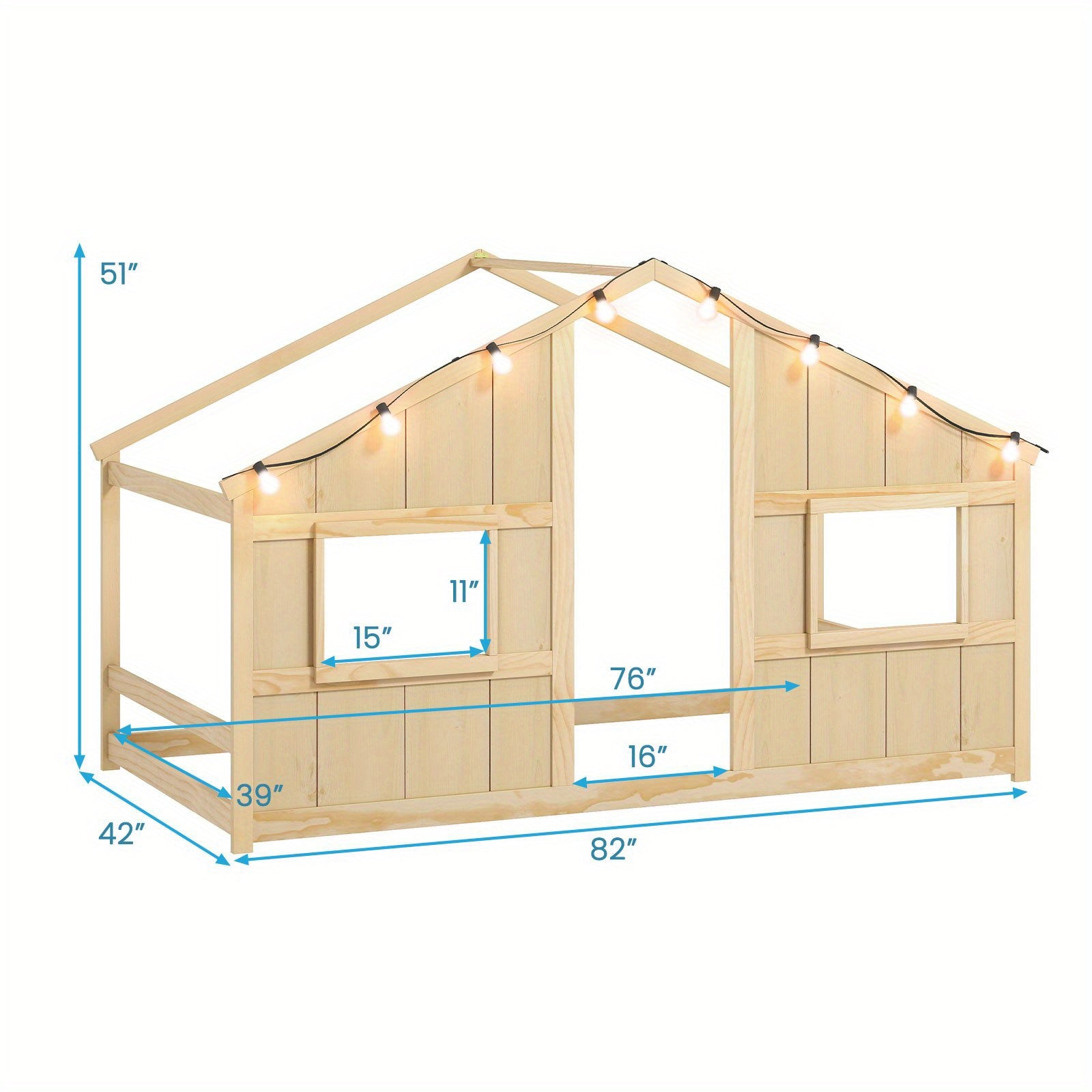 COSTWAY Twin Size House Bed with LED Lights - Slat-Free Floor Bed with Roof & Windows, Solid Wood Construction