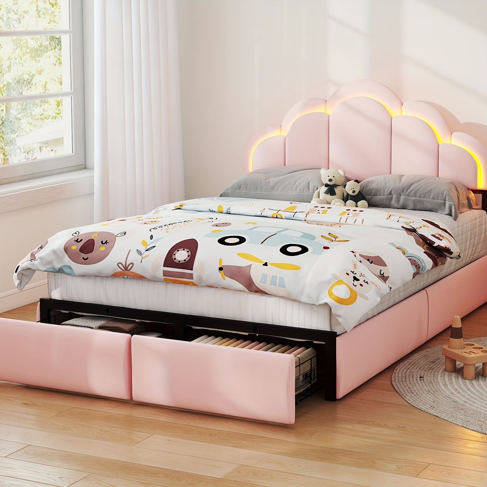 Twin\u002FFull Upholstered LED Bed Frame with Storage Drawer and Chic Double Wavy Headboard