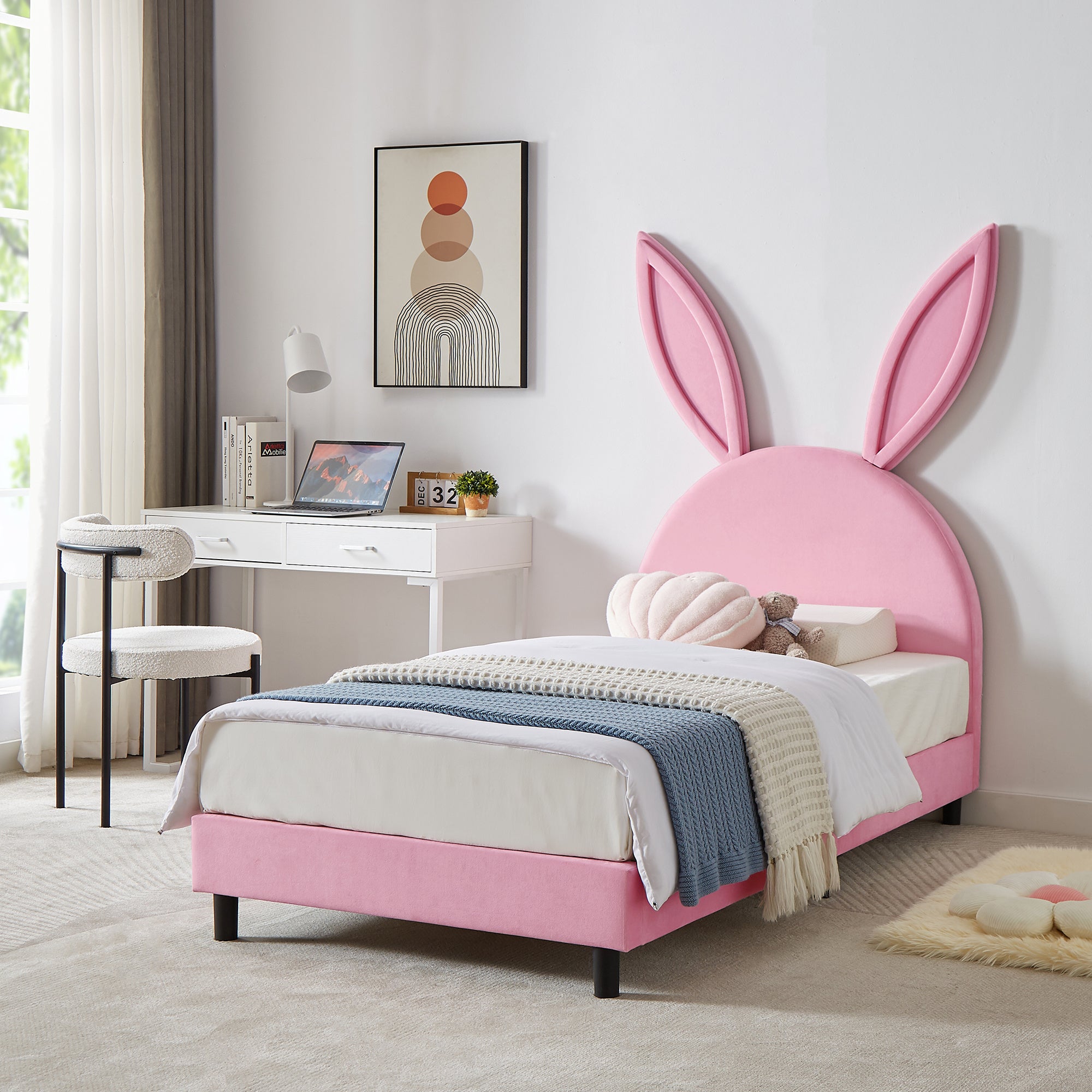Twin Size Bed Frame with Upholstered Bunny Ears Headboard Wooden Slats Support No Boxing Spring Needed
