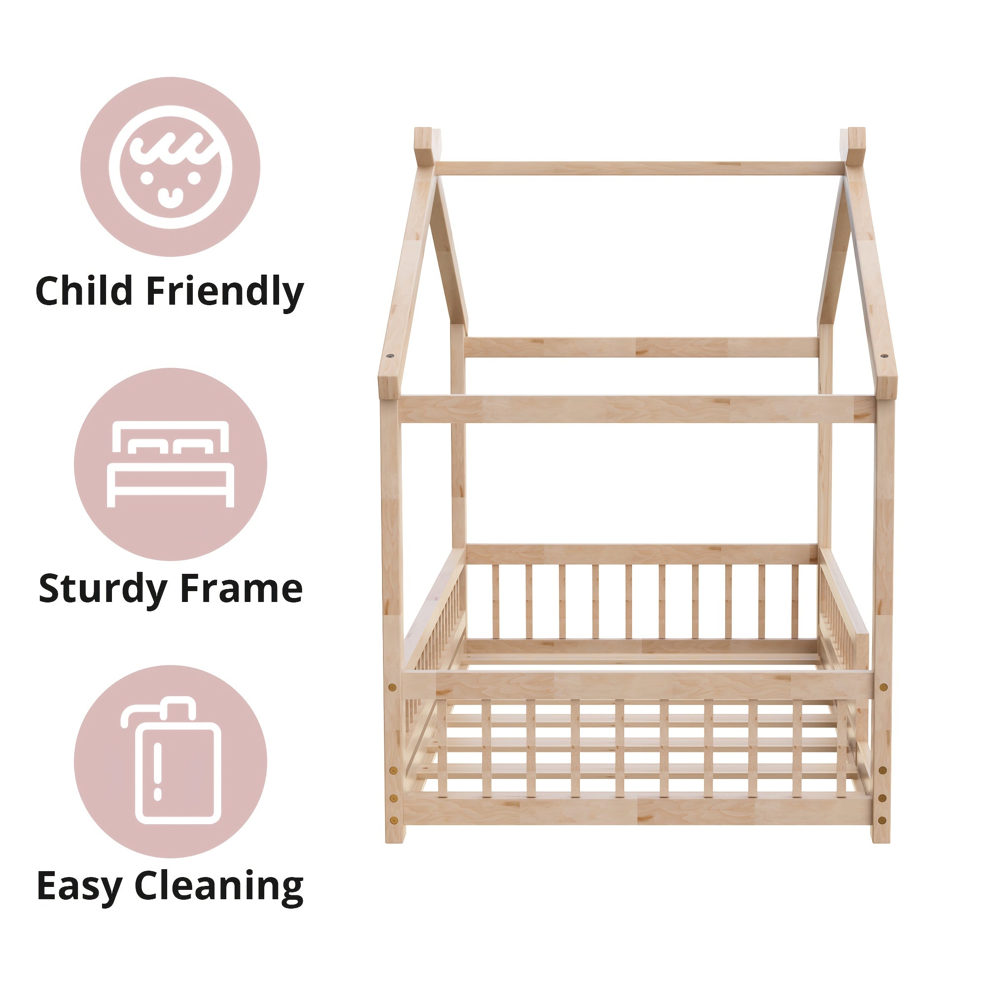 Full\u002FDouble Bed with Safety Rail, Wooden Cabin Bed for Bedroom Playroom, Easy to Assemble