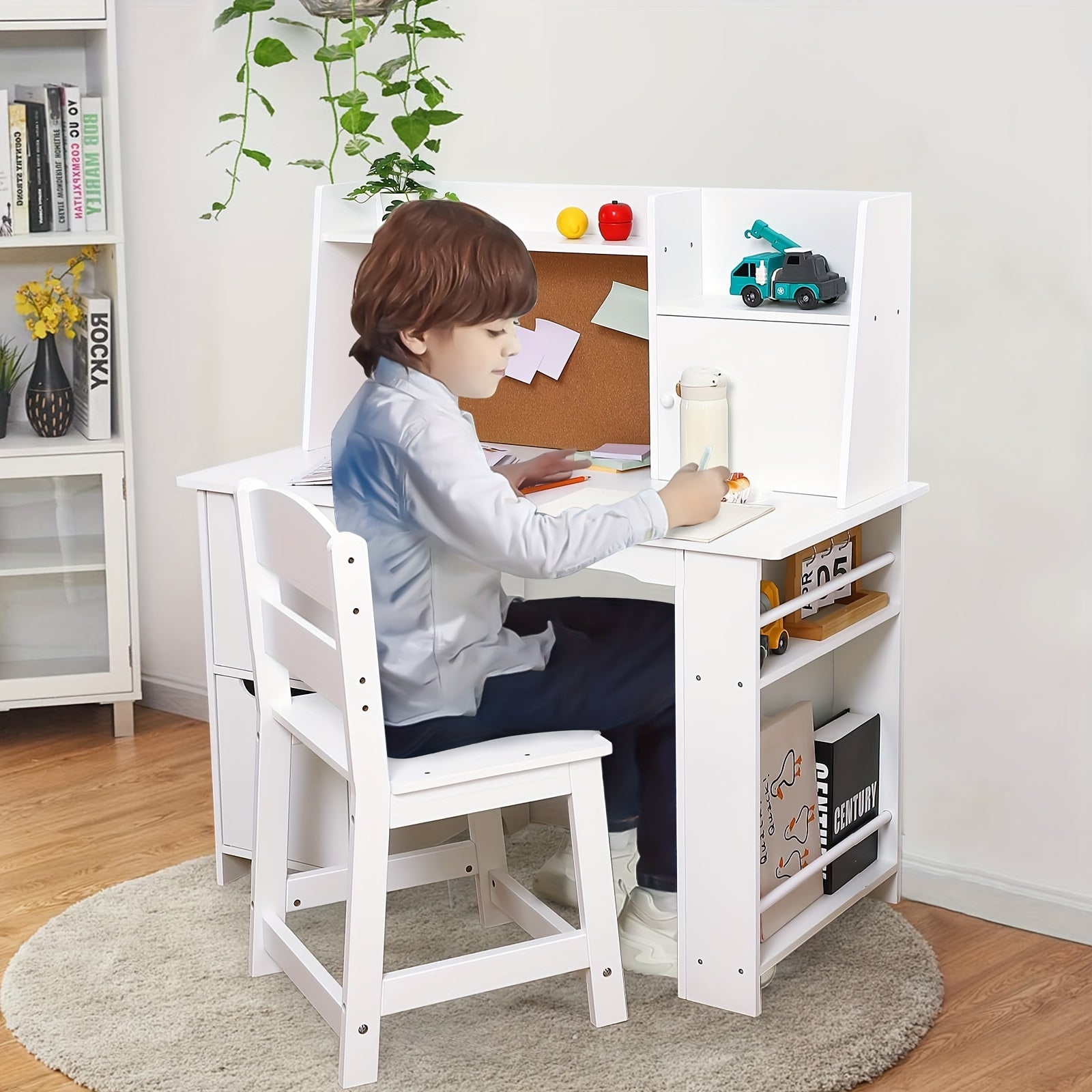 Kids Study Desk and Chair Set with Storage - White Learning Table with Bookshelf, Cabinets & Adjustable Chair