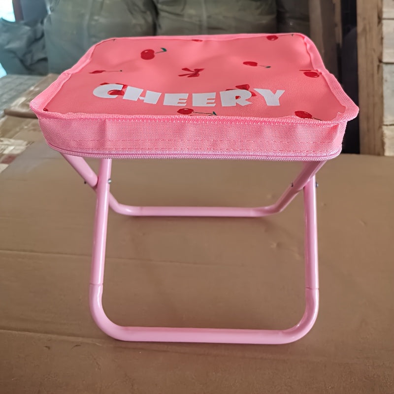 Portable Pink Cherry-Themed Folding Stool with Zipper Pocket - Lightweight, Durable Stainless Steel Square Tote for Picnics