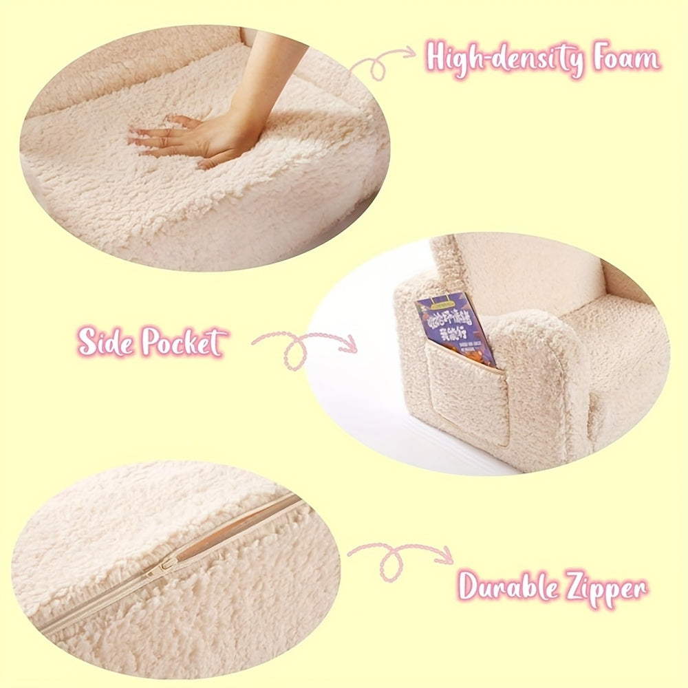 2-in-1 Convertible Sherpa Sofa to Recliner Chair - Soft Plush Gray\u002FPink\u002FWhite Youngsters Lounge Chair with Storage Pocket