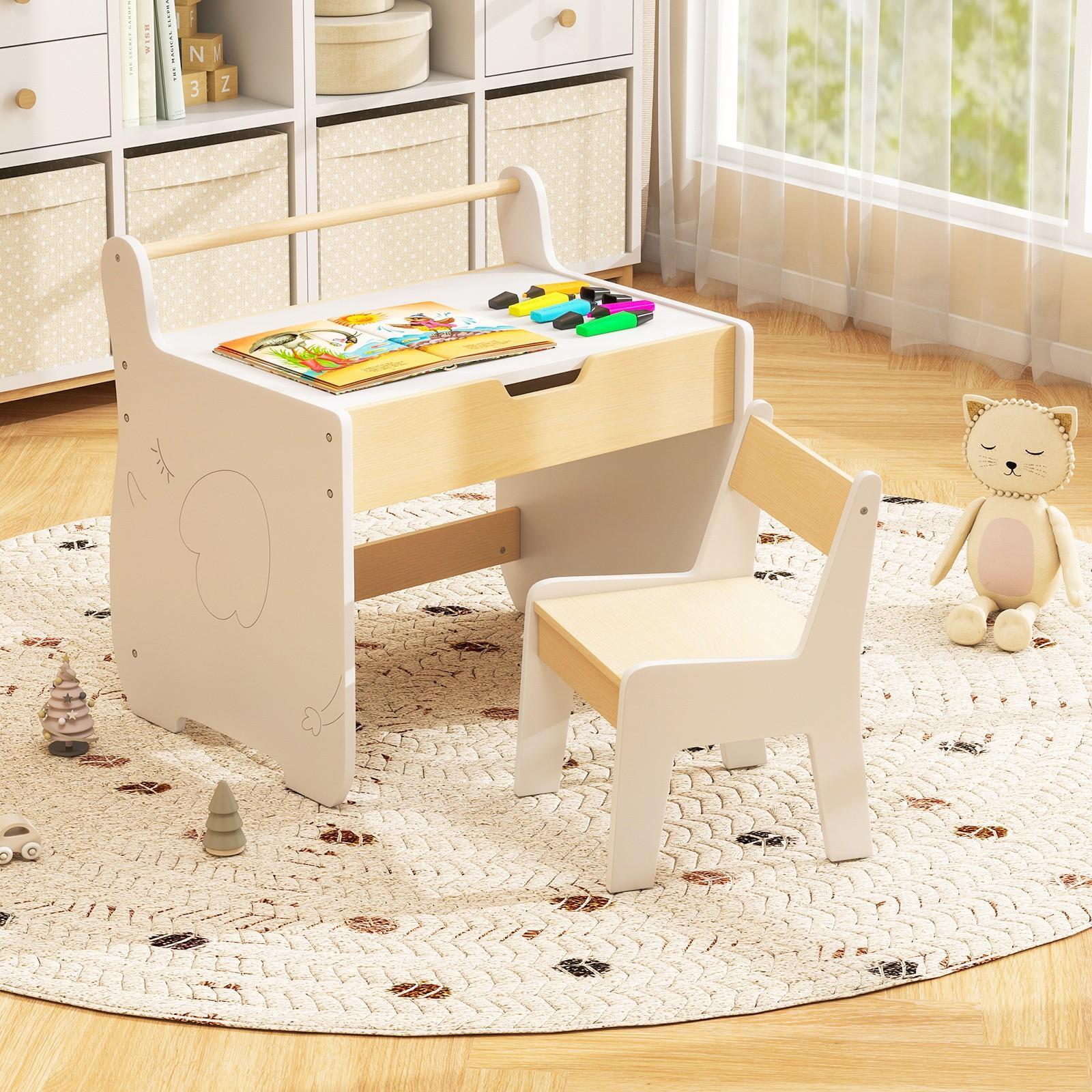 LIFEZEAL Kids Table and Chair Set, Wooden Activity Desk and Chair Set with 2-in-1 Detachable Tabletop