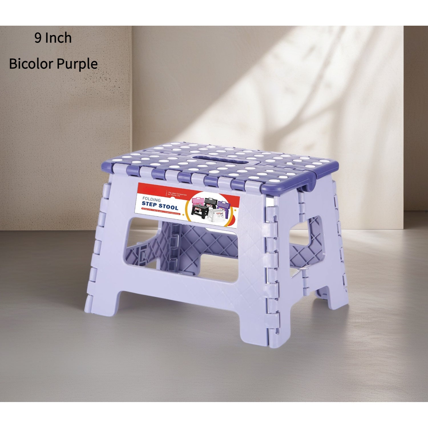 9 Inch Heavy-Duty 300 LB Capacity Foldable Step Stool with Storage - Bicolor Purple Plastic Stepping Stool with Handle for Kitchen