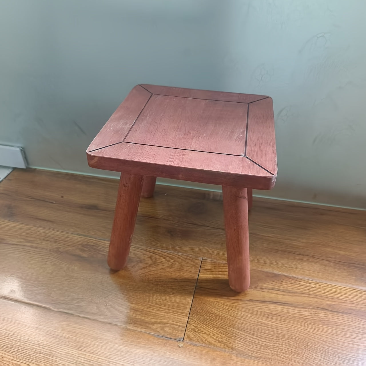 1pc Rubberwood Square Footstool - Solid Wood Compact Stool for Home & Office, Red\u002FBlack
