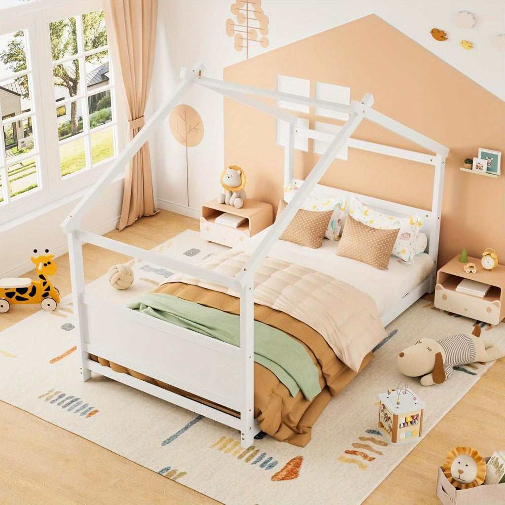 Twin Floor House Bed Frame with Headboard & Footboard - Sturdy Hardwood Construction, Space-Saving Floor Bed for Toddlers