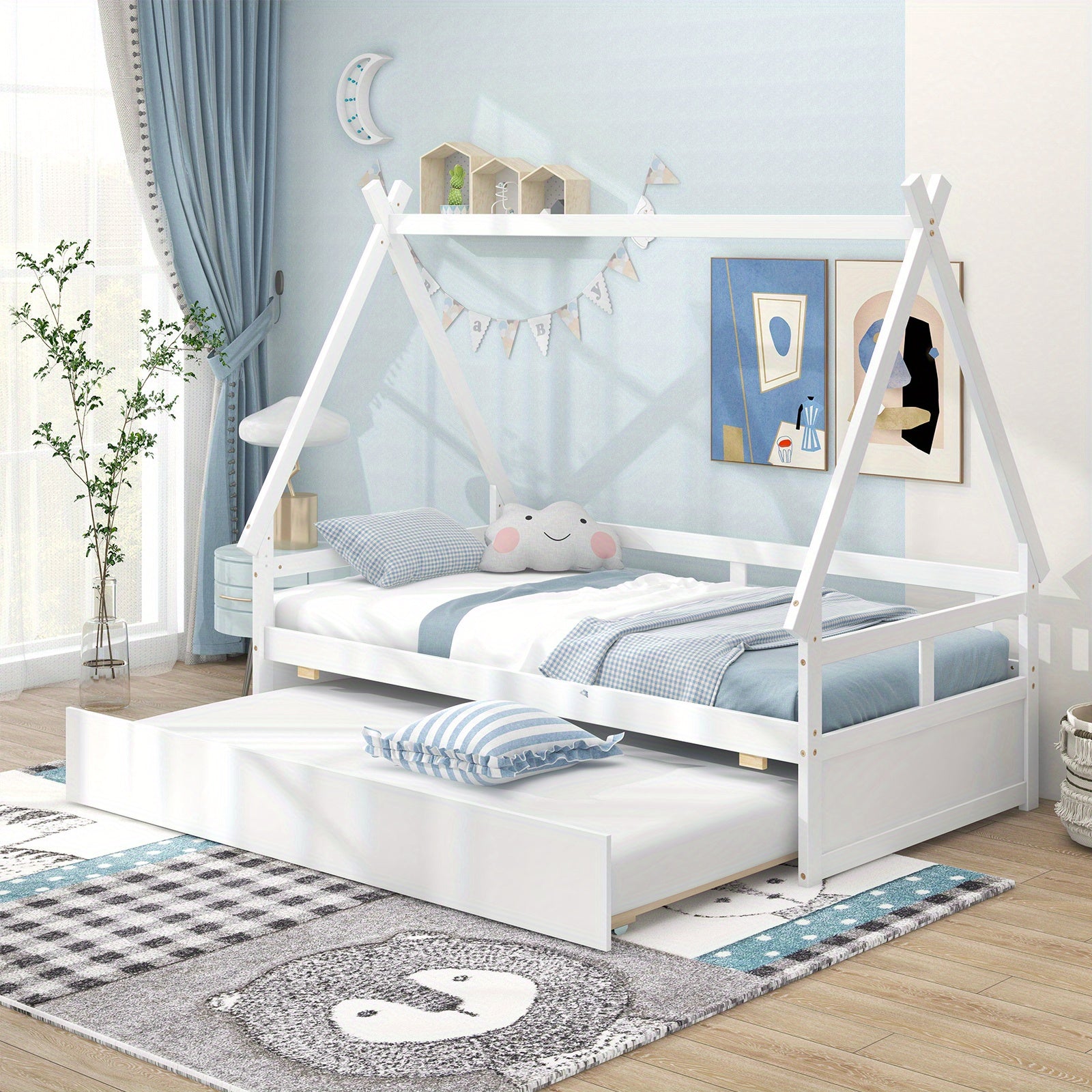Charming Twin House Bed with Trundle - Sturdy Wooden Frame, Safety Guardrail & Roof - Perfect for Youngsters' Room Decor