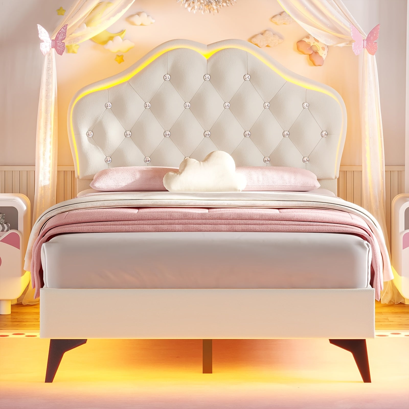 Princess Bed Frame with LED Modern Twin Size Princess Bed Frame with LED Lights Headboard & Crystal Buttons