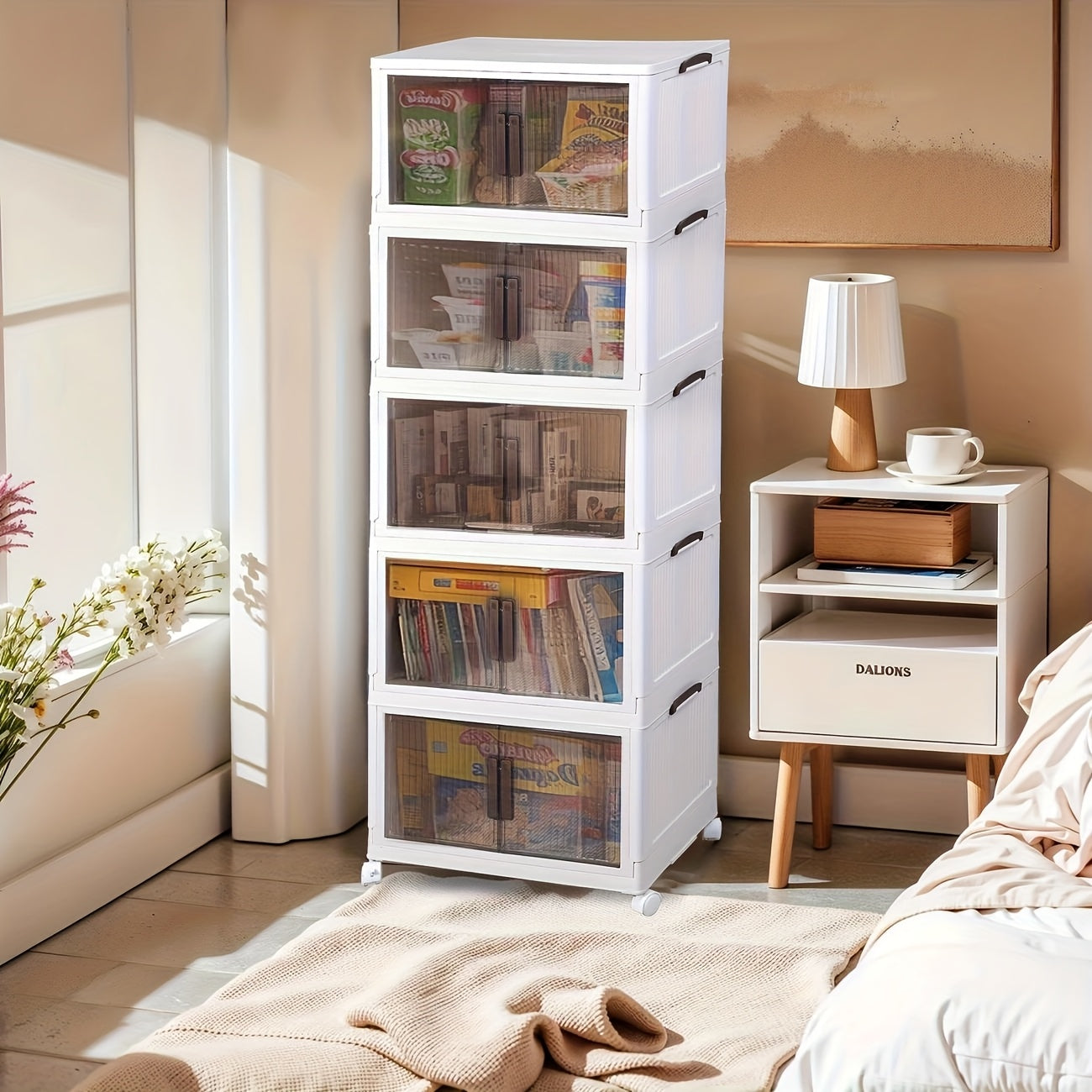 Collapsible Storage Cabinet 2\u002F4 Tiers, Large Double-Opening Storage Multi-Functional Organizer with Lid and Wheels