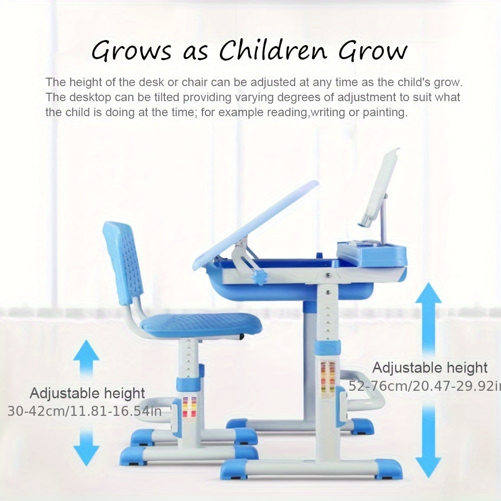LVYUAN Kids Study Desk And Chair Set, Blue Metal, Height-Adjustable, Ergonomic, with Tilting Tabletop And Adjustable Lamp