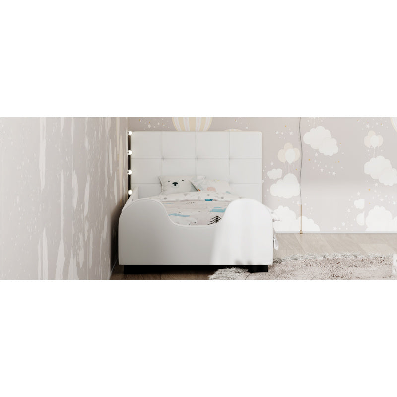 Twin Size Upholstered Platform Bed with Guardrail White