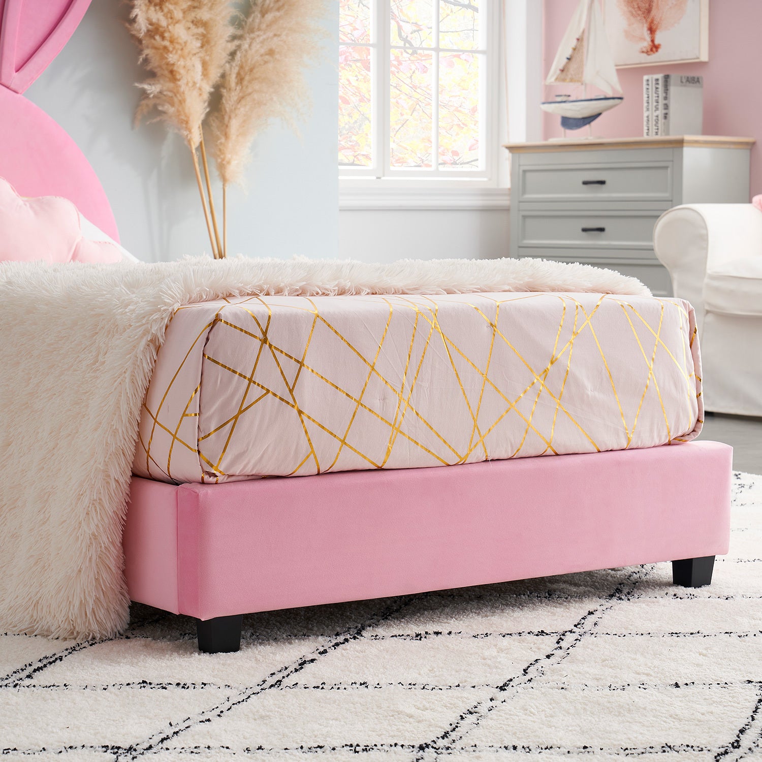 Twin Size Bed Frame with Upholstered Bunny Ears Headboard Wooden Slats Support No Boxing Spring Needed