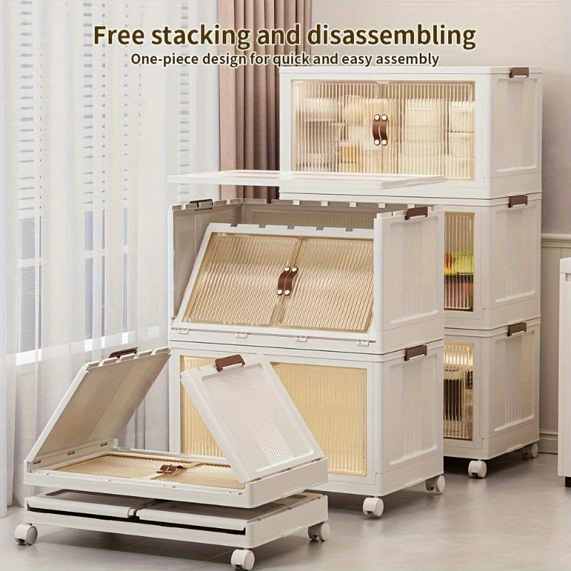 Collapsible Storage Cabinet 2\u002F4 Tiers, Large Double-Opening Storage Multi-Functional Organizer with Lid and Wheels