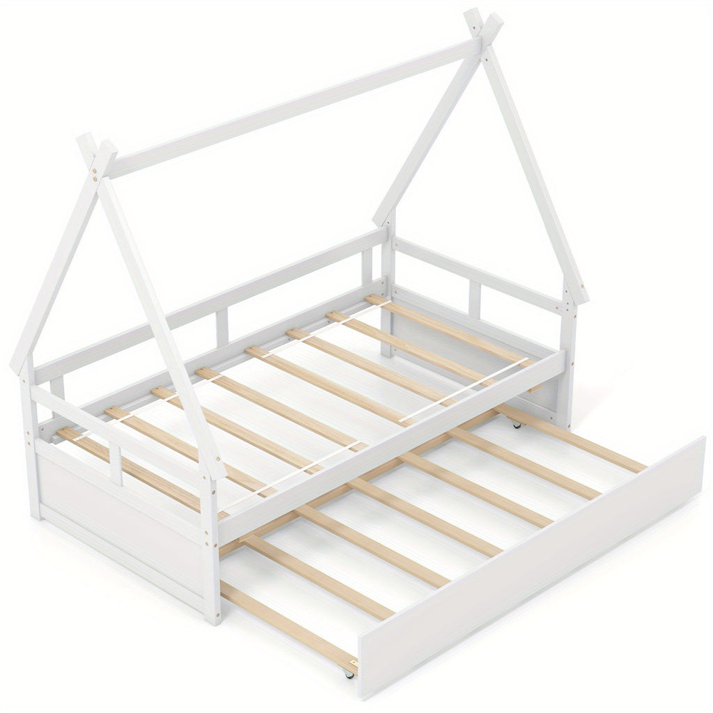 Charming Twin House Bed with Trundle - Sturdy Wooden Frame, Safety Guardrail & Roof - Perfect for Youngsters' Room Decor