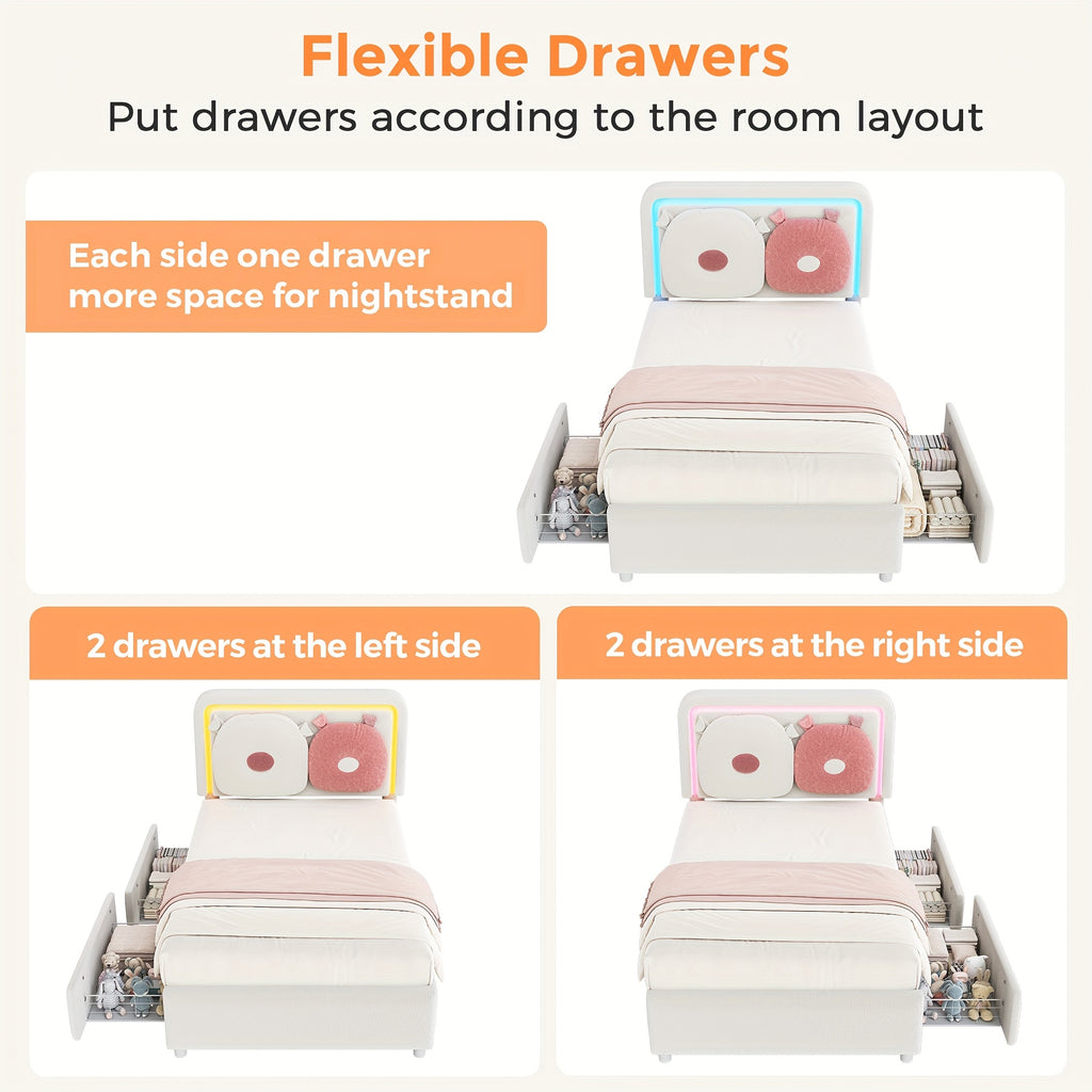 TWIN Size Fabric Bed Frame, with Two Storage Drawers, Detachable Headboard Pillows