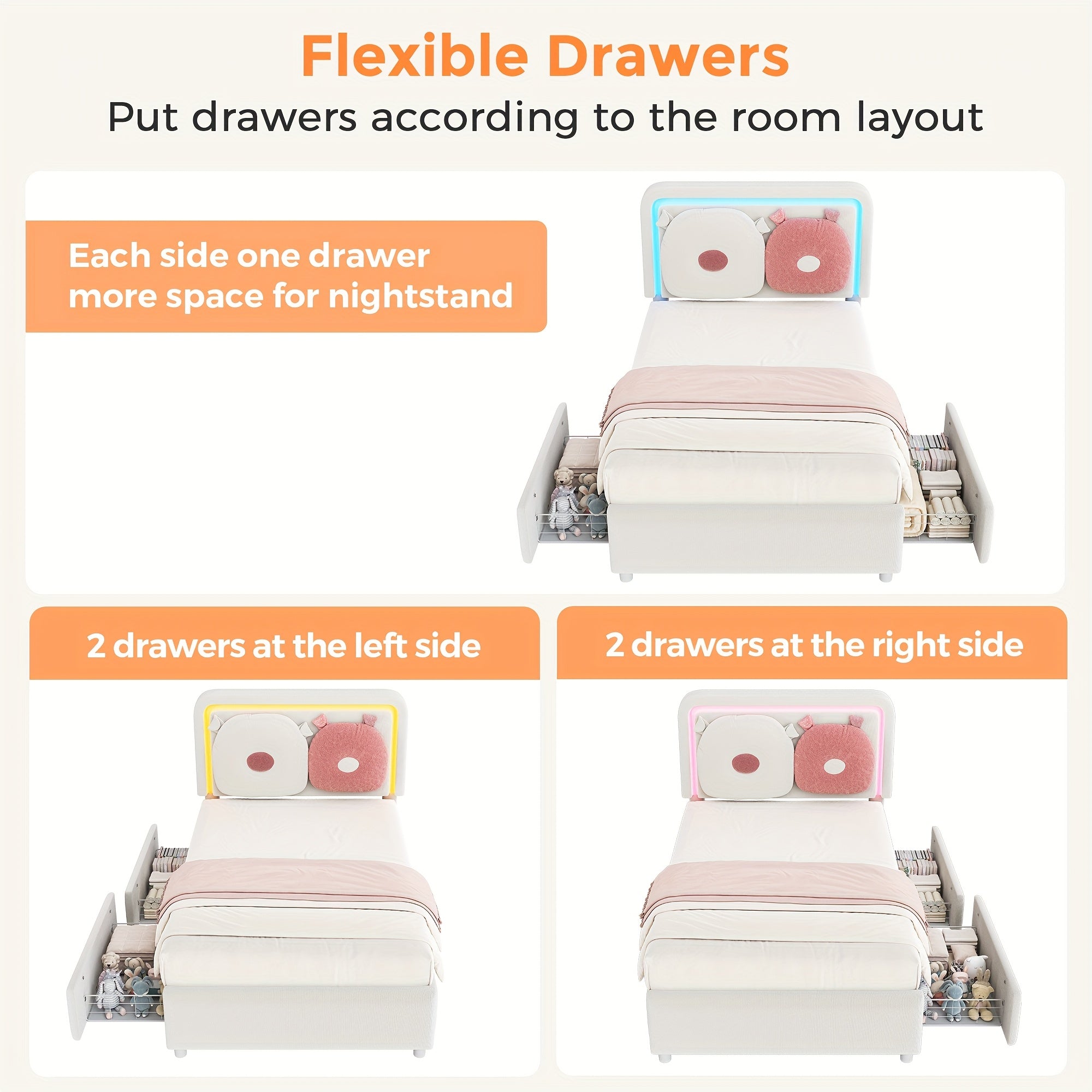 TWIN Size Fabric Bed Frame, with Two Storage Drawers, Detachable Headboard Pillows