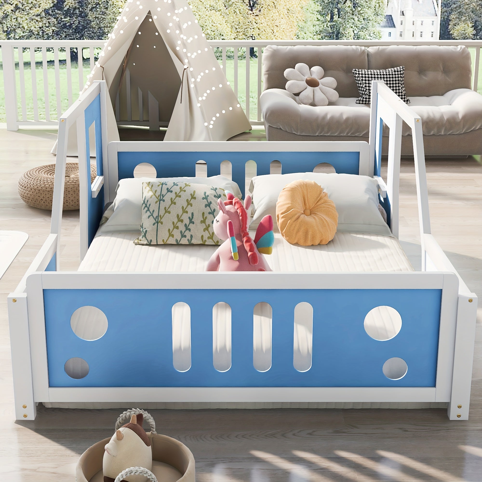 Bellemave Full Size Car Bed with Headboard & Footboard, 4-Side Rails - Sturdy Wood & MDF Construction