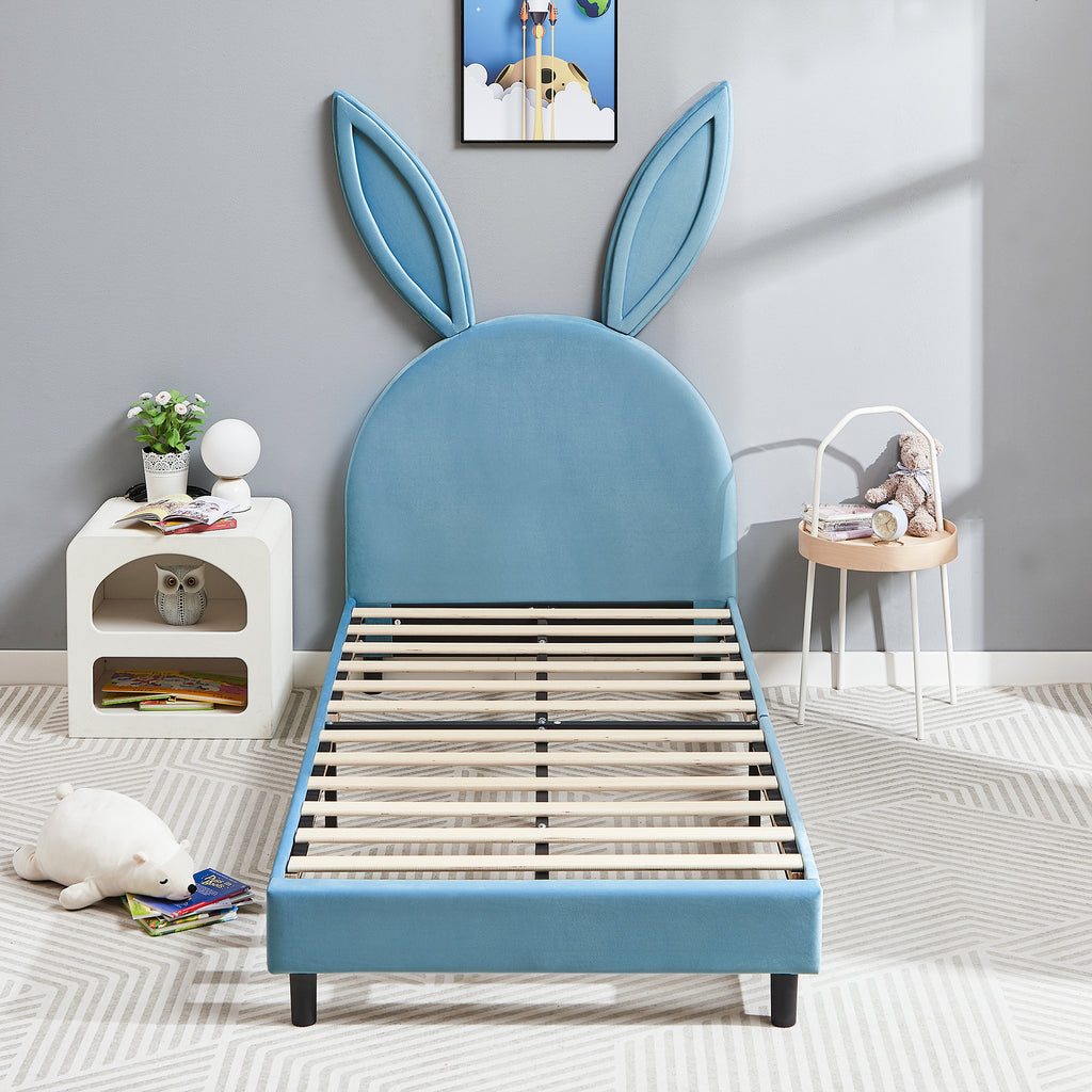 Twin Size Bed Frame with Upholstered Bunny Ears Headboard Wooden Slats Support No Boxing Spring Needed