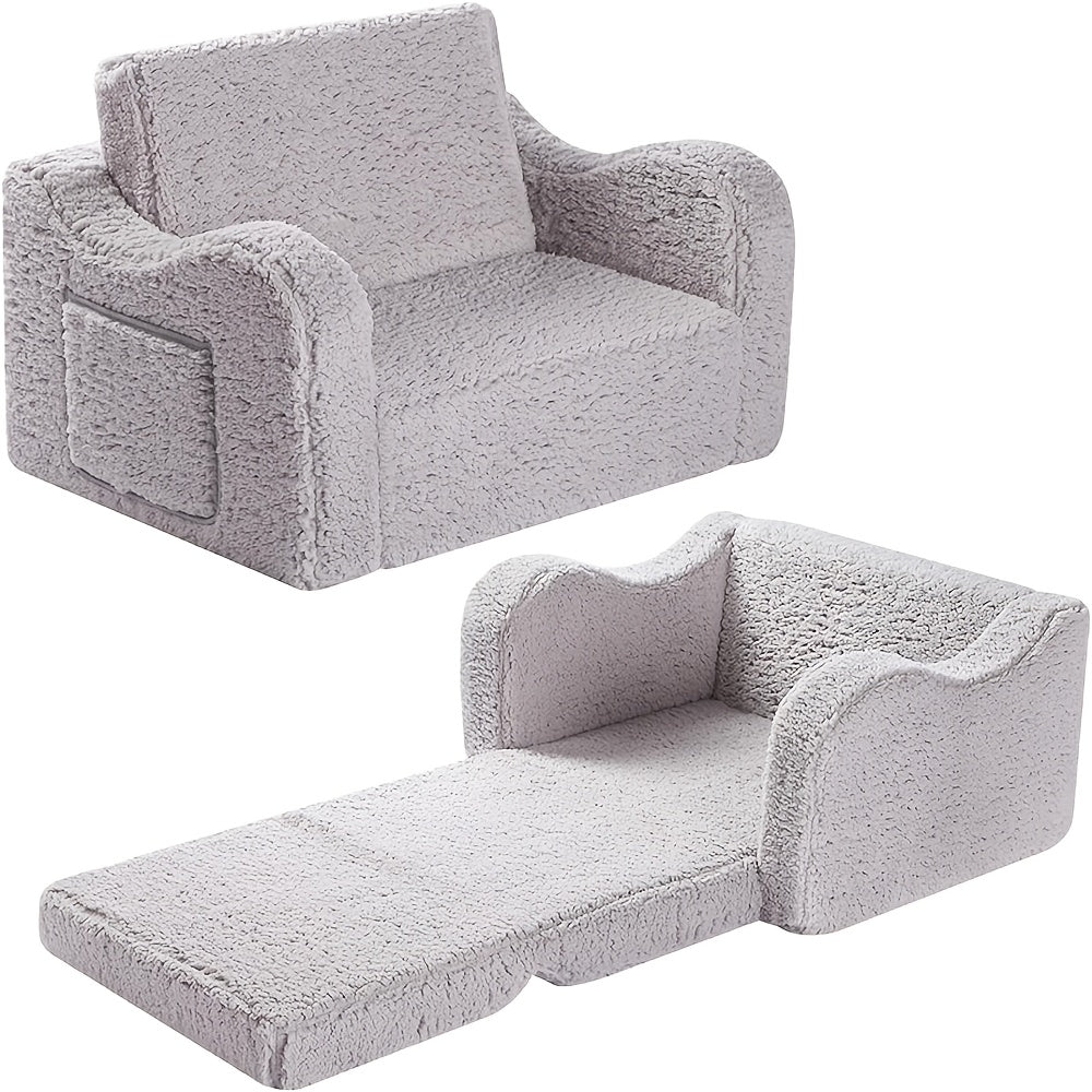 2-in-1 Convertible Sherpa Sofa to Recliner Chair - Soft Plush Gray\u002FPink\u002FWhite Youngsters Lounge Chair with Storage Pocket