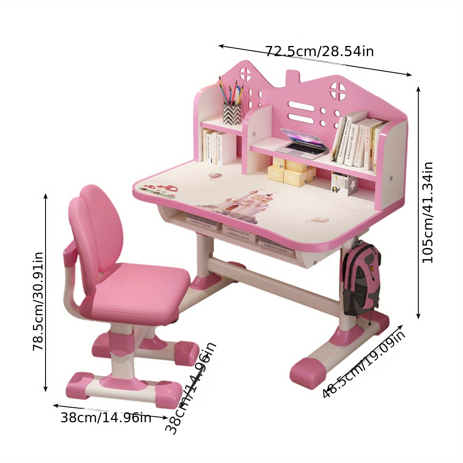 Multi Bookcase Wider Desktop Table and Chair Set Cartoon Pattern Adjustable Height Study Drawer Table with Chair
