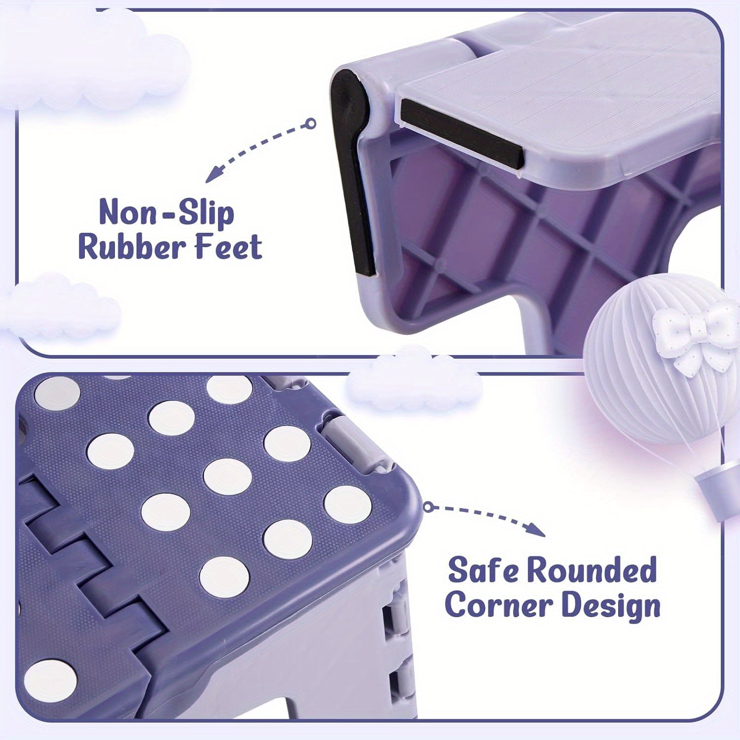 9 Inch Heavy-Duty 300 LB Capacity Foldable Step Stool with Storage - Bicolor Purple Plastic Stepping Stool with Handle for Kitchen