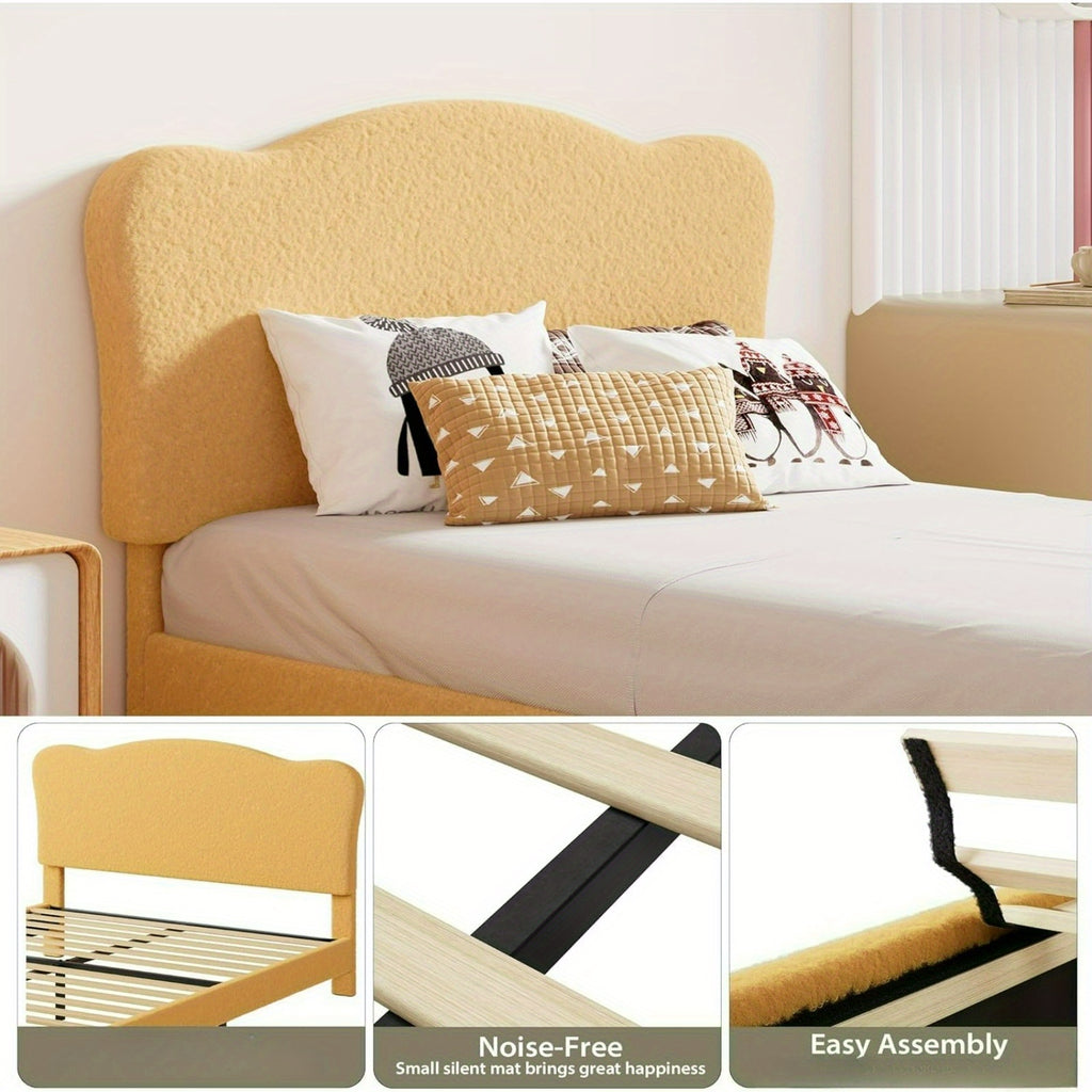 Twin Bed Frame for Youngest Cuties Littles Adult, Platform Bed Frame with Boucle Headboard