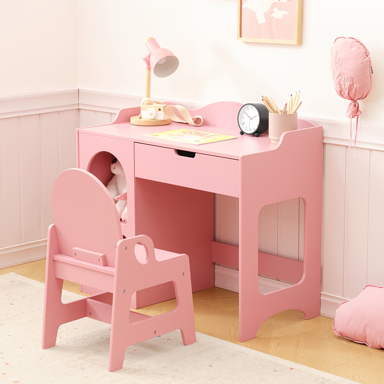 Pink Girls' Modern Study Table and Chair Set with Storage Shelf - Sturdy Hardwood Construction