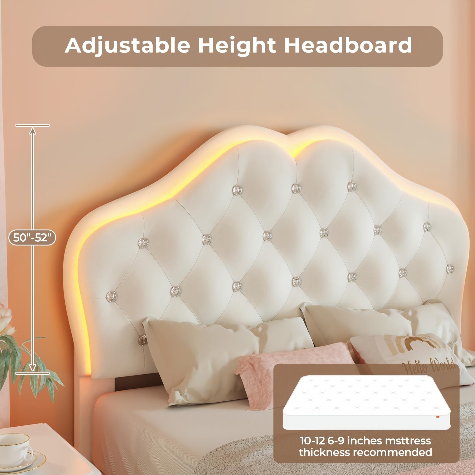 Princess Bed Frame with LED Modern Twin Size Princess Bed Frame with LED Lights Headboard & Crystal Buttons