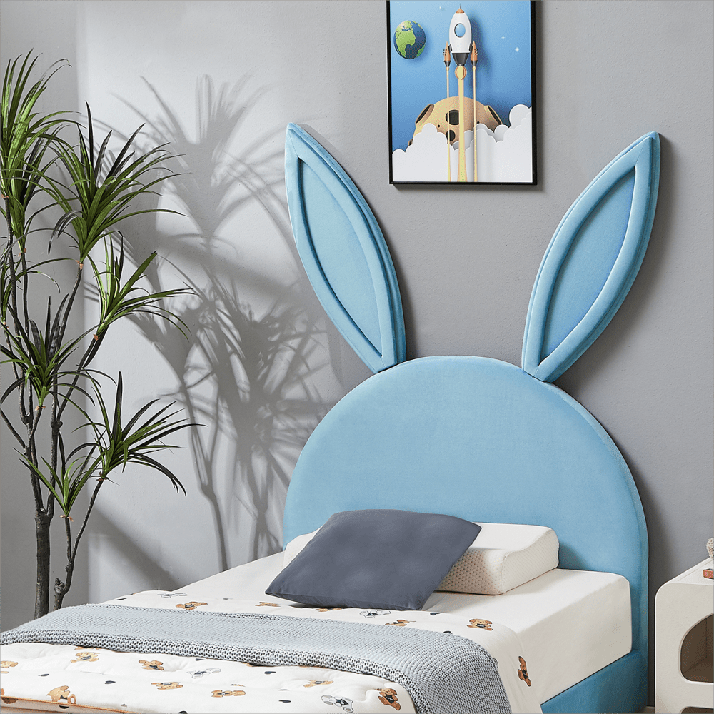 Twin Size Bed Frame with Upholstered Bunny Ears Headboard Wooden Slats Support No Boxing Spring Needed