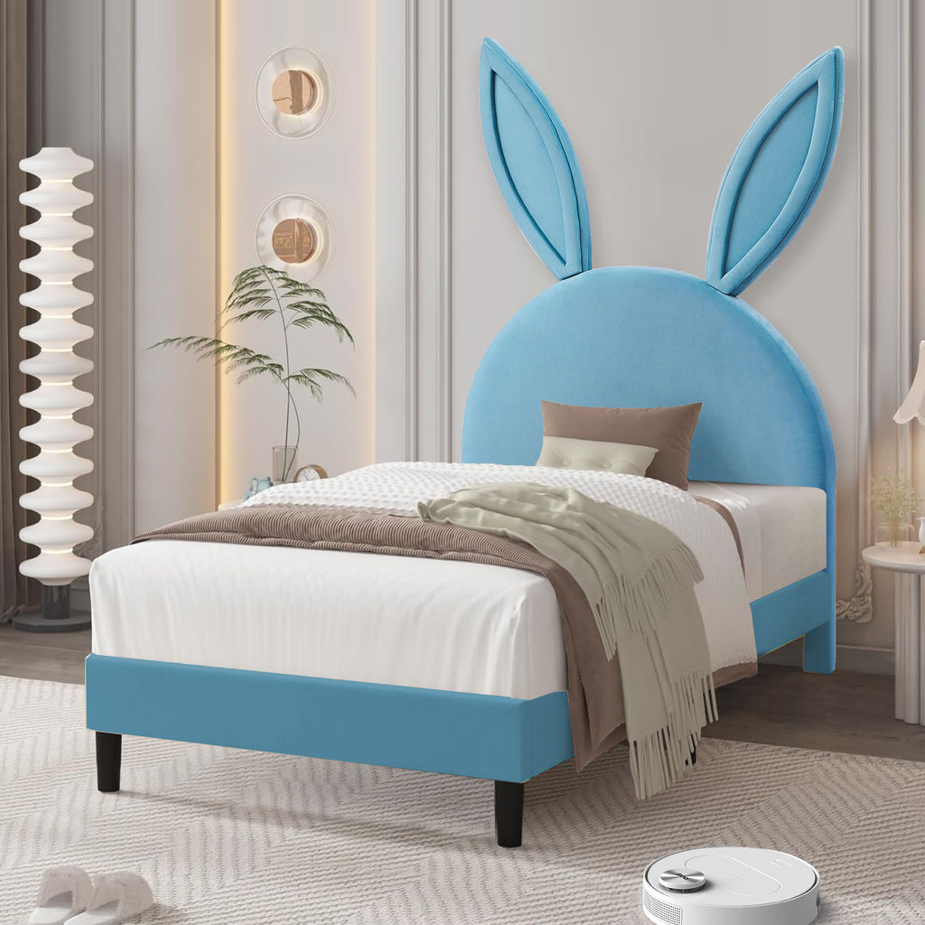 Twin Size Bed Frame with Upholstered Bunny Ears Headboard Wooden Slats Support No Boxing Spring Needed