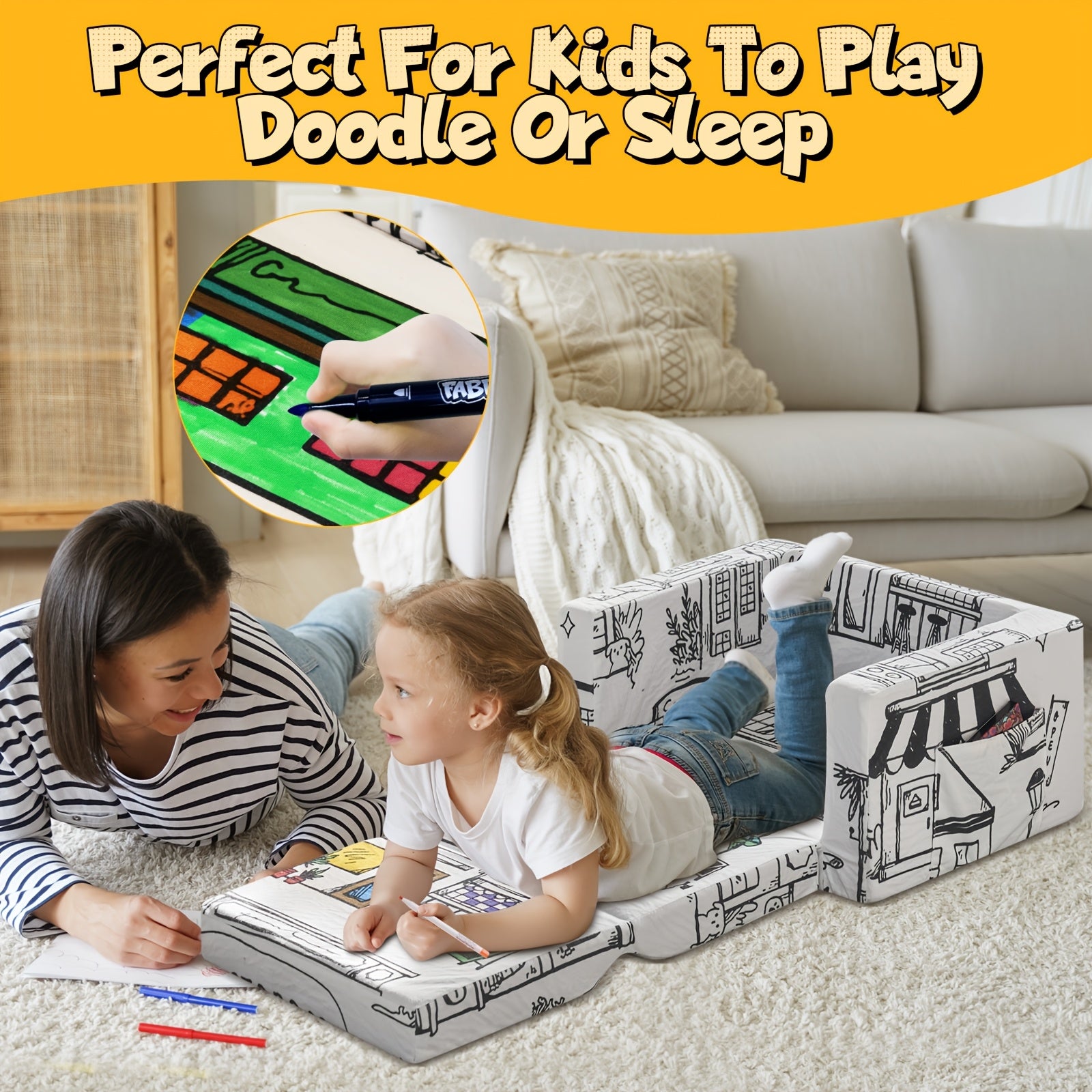 Kids Art Chair with 12 Washable Markers - Foldable Graffiti Furniture for Children, Doodle Creative Chair with Removable Cover