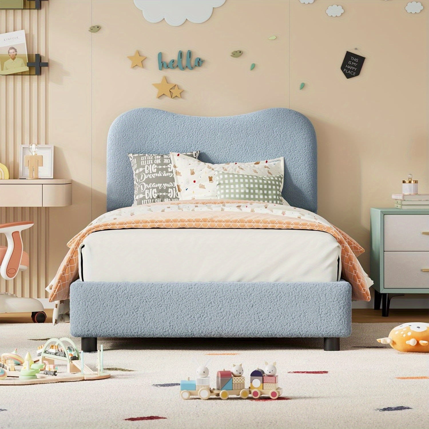 GAOMON Twin Bed Frame with Velvet Upholstered Headboard - Low Profile Platform Bed for Girls & Boys