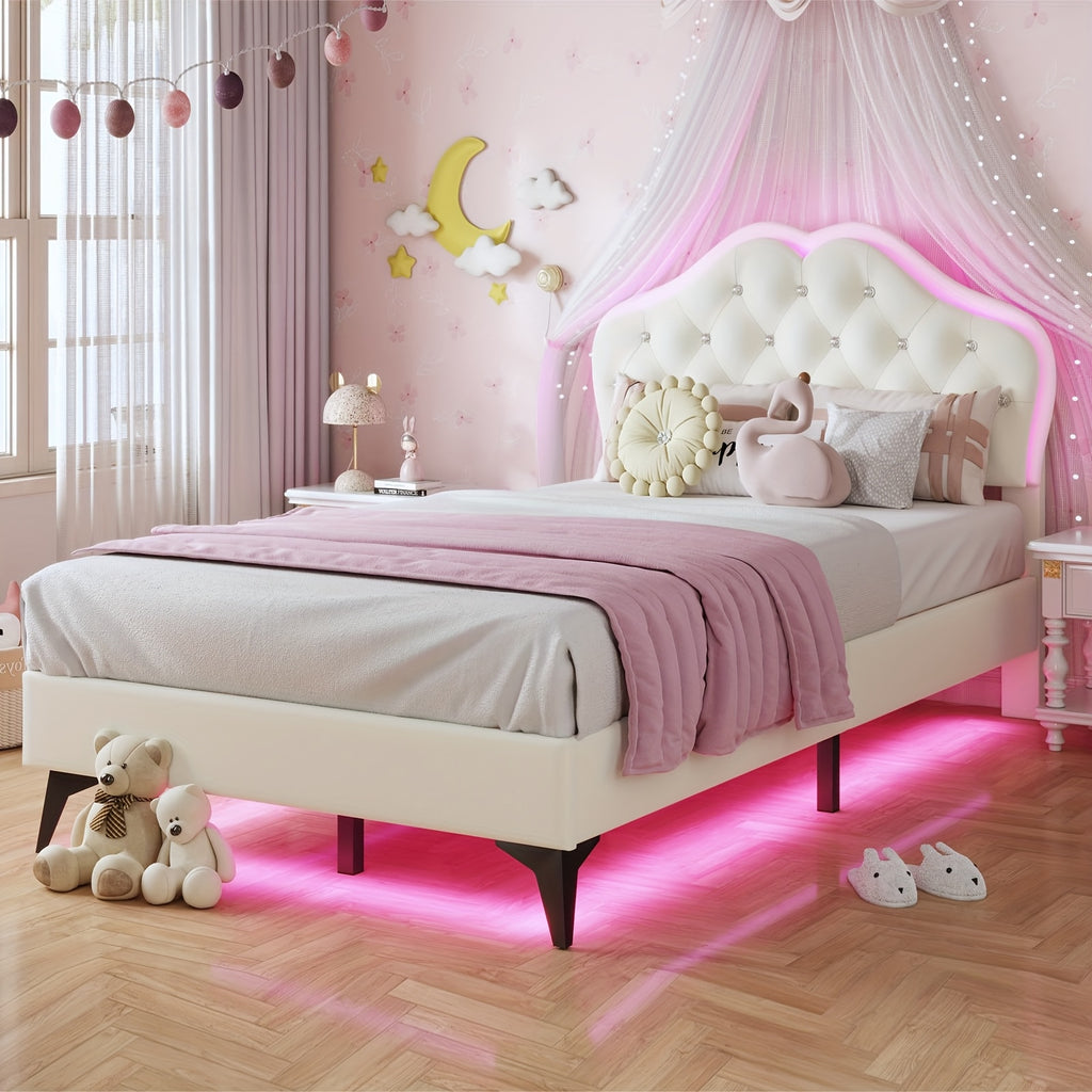 Princess Bed Frame with LED Modern Twin Size Princess Bed Frame with LED Lights Headboard & Crystal Buttons