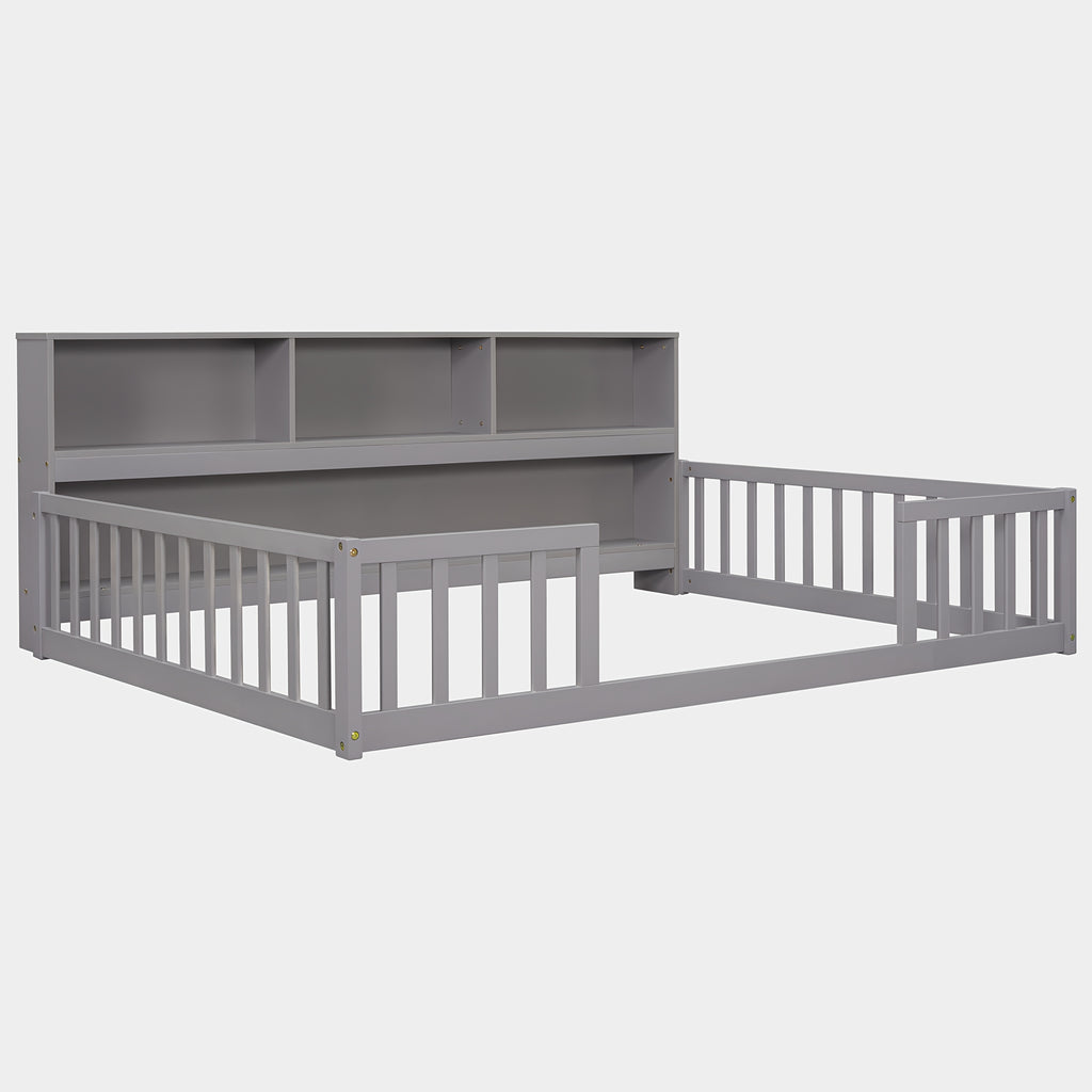 Bellemave Full Size Floor Bed with Bookcase & Shelves - Low-Profile Kids Bed with Safety Guardrails