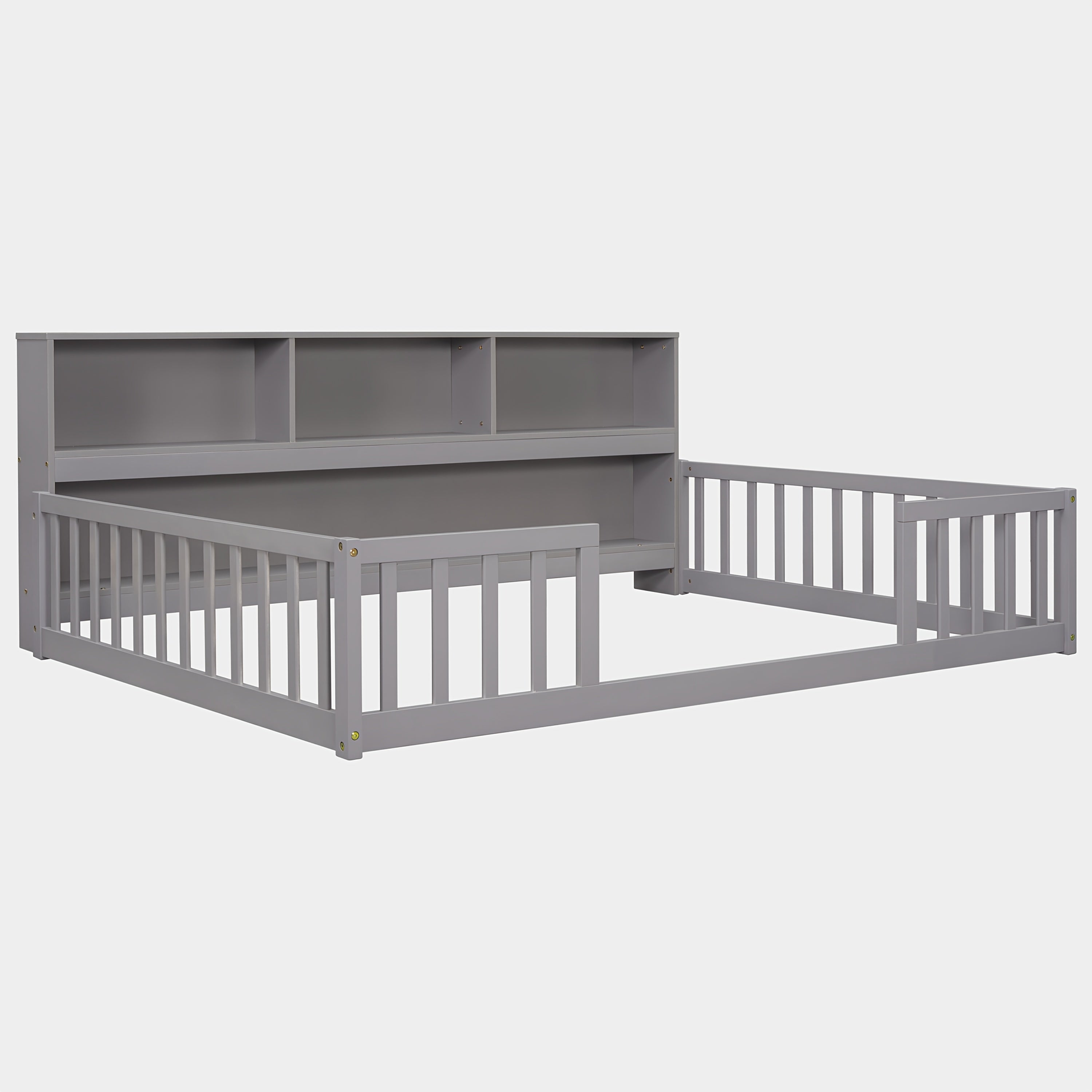 Bellemave Full Size Floor Bed with Bookcase & Shelves - Low-Profile Kids Bed with Safety Guardrails