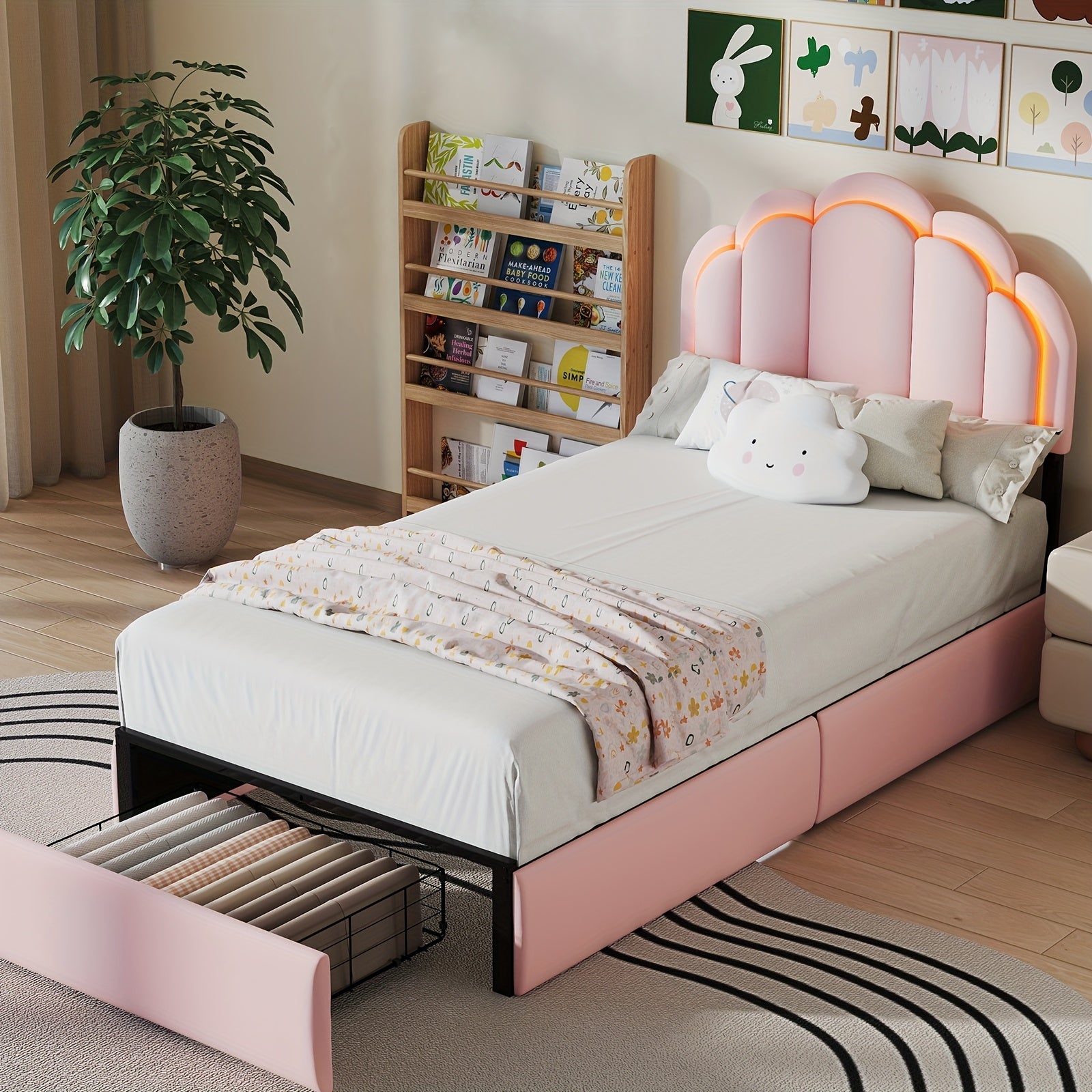 Twin\u002FFull Upholstered LED Bed Frame with Storage Drawer and Chic Double Wavy Headboard