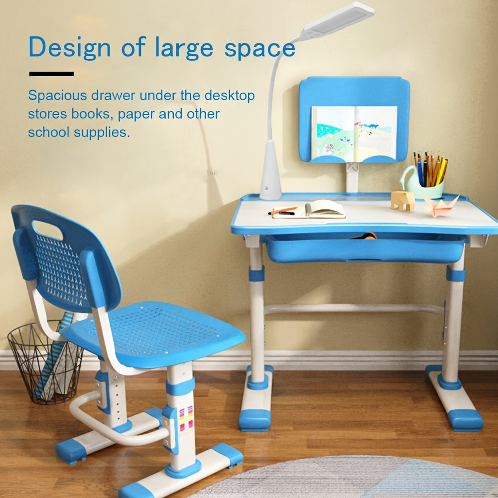 LVYUAN Kids Study Desk And Chair Set, Blue Metal, Height-Adjustable, Ergonomic, with Tilting Tabletop And Adjustable Lamp