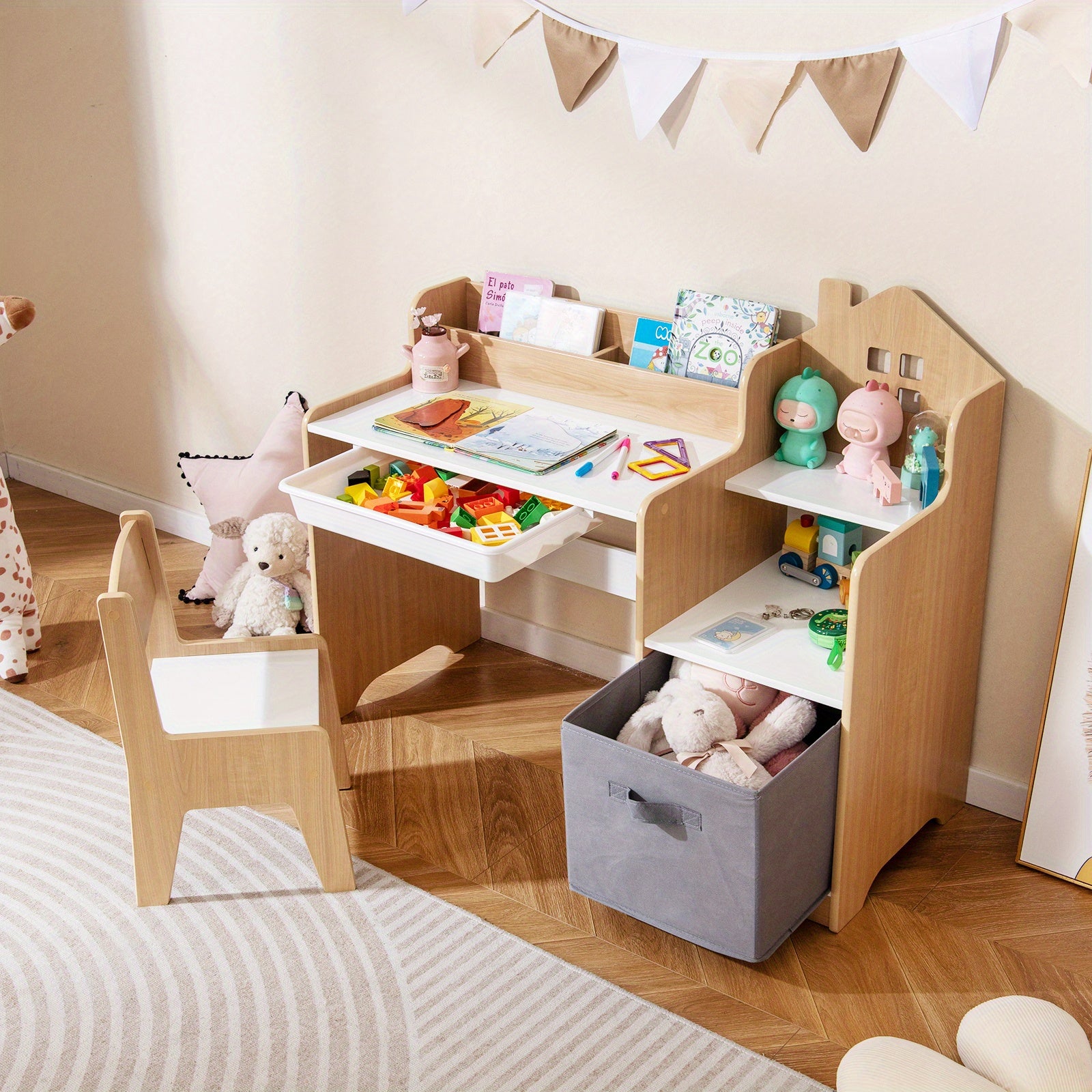 COSTWAY Kids Study Desk and Chair Set, Children Study Table w\u002F Open Shelves