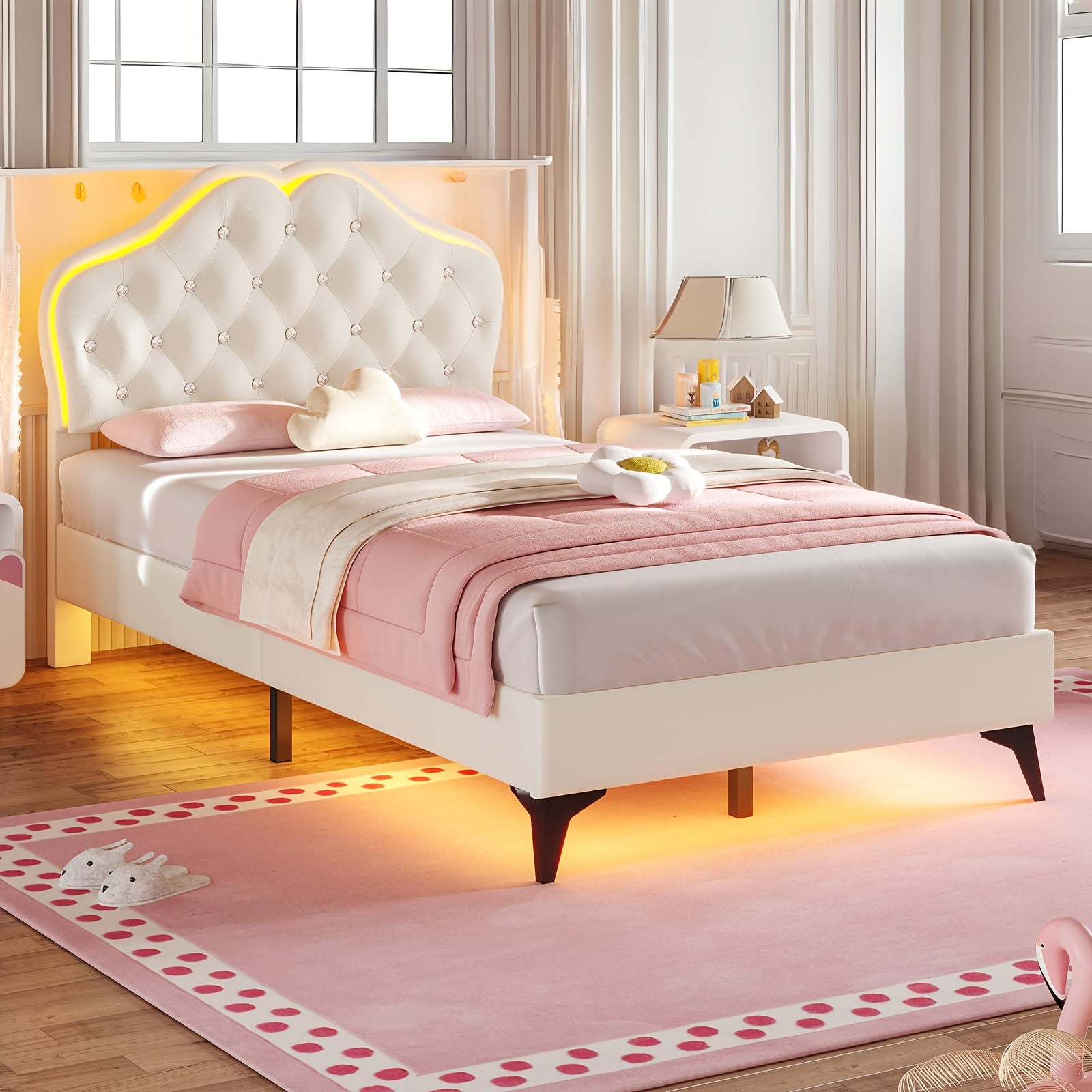 Princess Bed Frame with LED Modern Twin Size Princess Bed Frame with LED Lights Headboard & Crystal Buttons