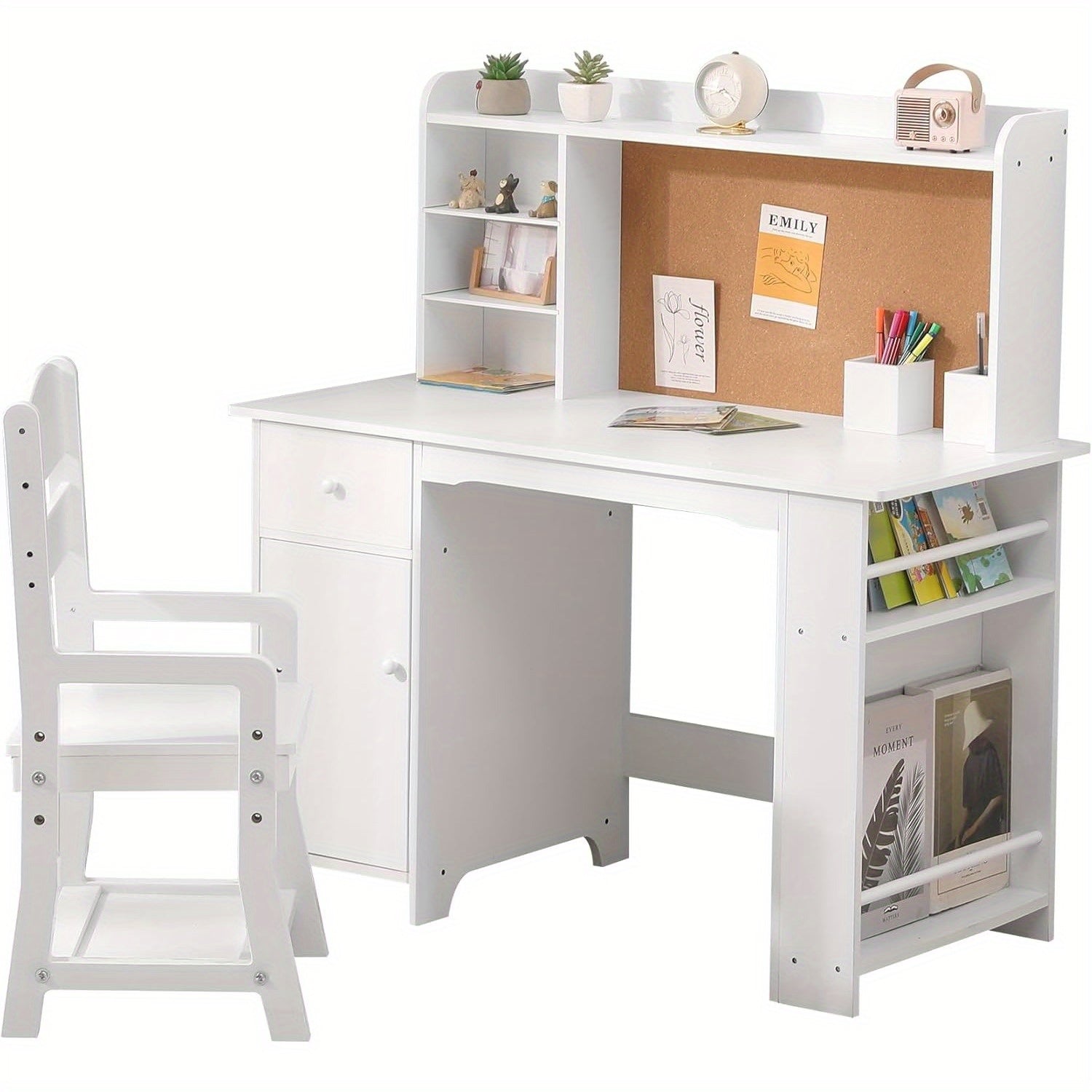 MERXENG Kids Study Desk and Chair Set - White Retro Style with Bookshelf, Bulletin Board, Cabinets & Drawer
